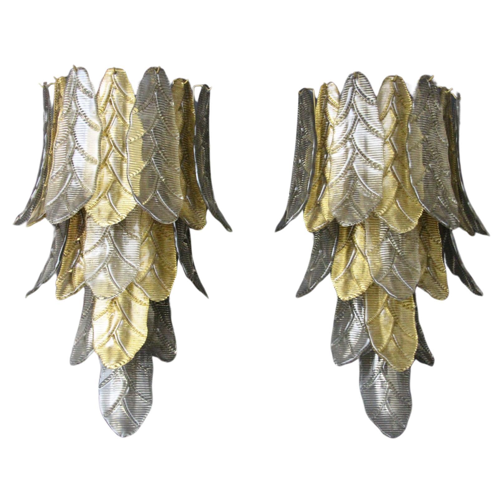 Pair of Long Textured Golden and Smoked Murano Glass Sconces in Palm Tree Shape  For Sale