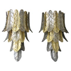 Pair of Long Textured Golden and Smoked Murano Glass Sconces in Palm Tree Shape 