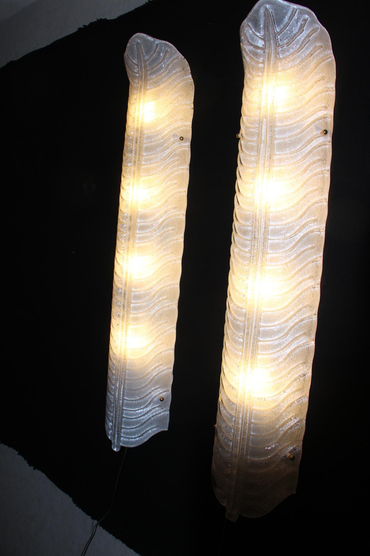 Pair of Long White Murano Glass Sconces in Feather Shape, Long Wall Lights 4