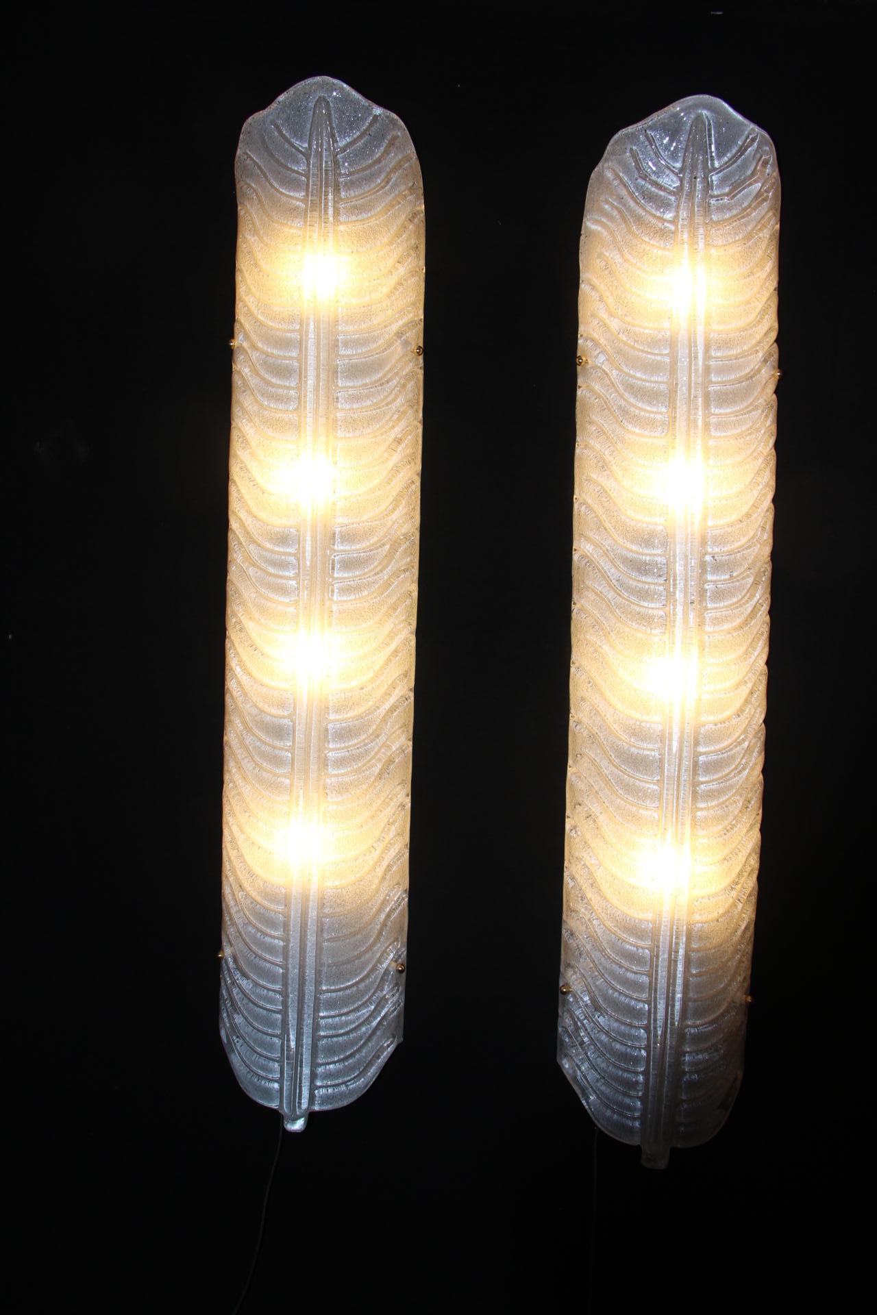 Pair of Long White Murano Glass Sconces in Feather Shape, Long Wall Lights 5