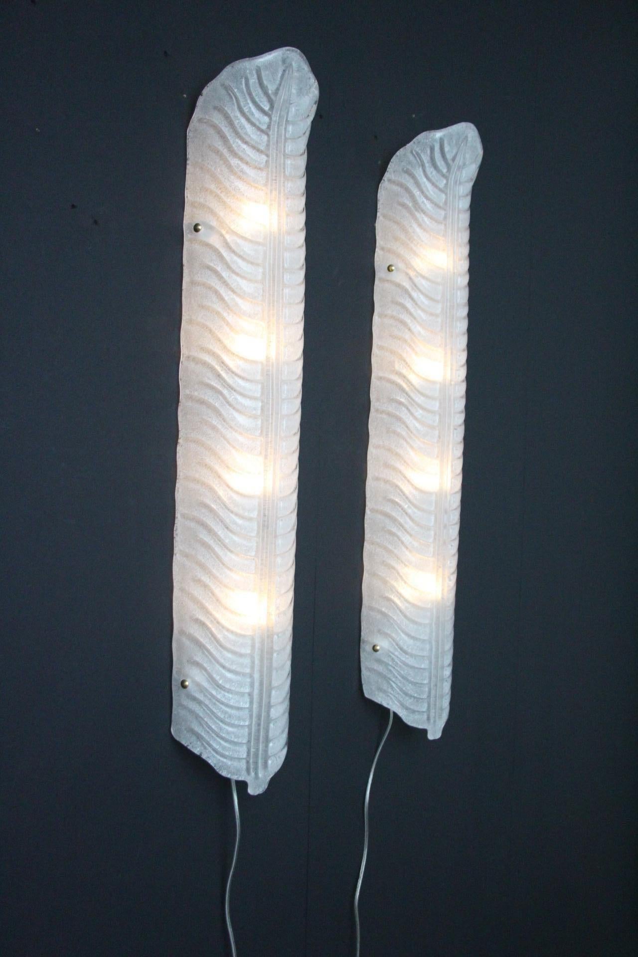 Pair of Long White Murano Glass Sconces in Feather Shape, Long Wall Lights 12