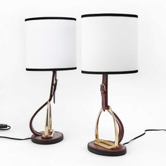Pair of Longchamp Paris Gilt-Metal Leather Equestrian Themed Table Lamps