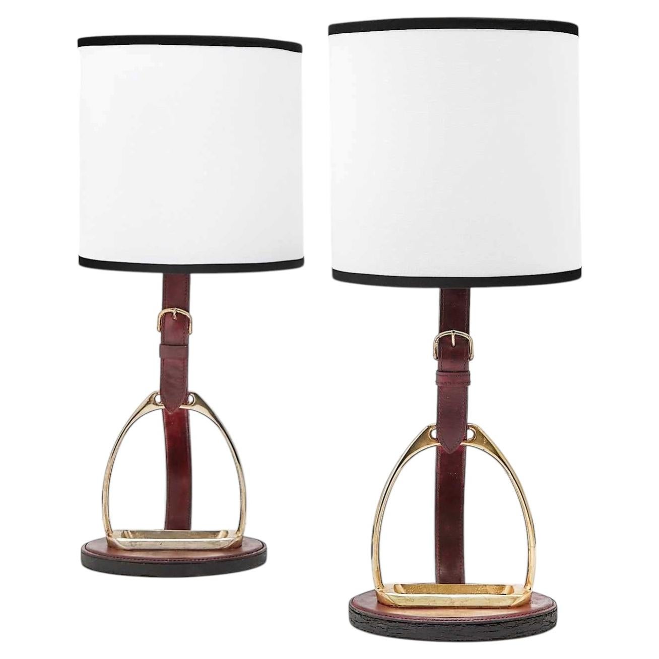 Pair of Longchamp Paris Gilt-Metal Leather Equestrian Themed Table Lamps
