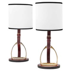 Pair of Longchamp Paris Gilt-Metal Leather Equestrian Themed Table Lamps