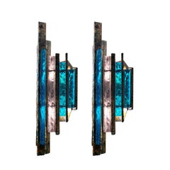 Pair of Longobard Blue & Amethyst Hammered Murano Glass and Wrought Iron Sconces