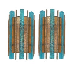 Pair of Longobard Turquoise and Amber Hammered Murano Glass and Iron Sconces