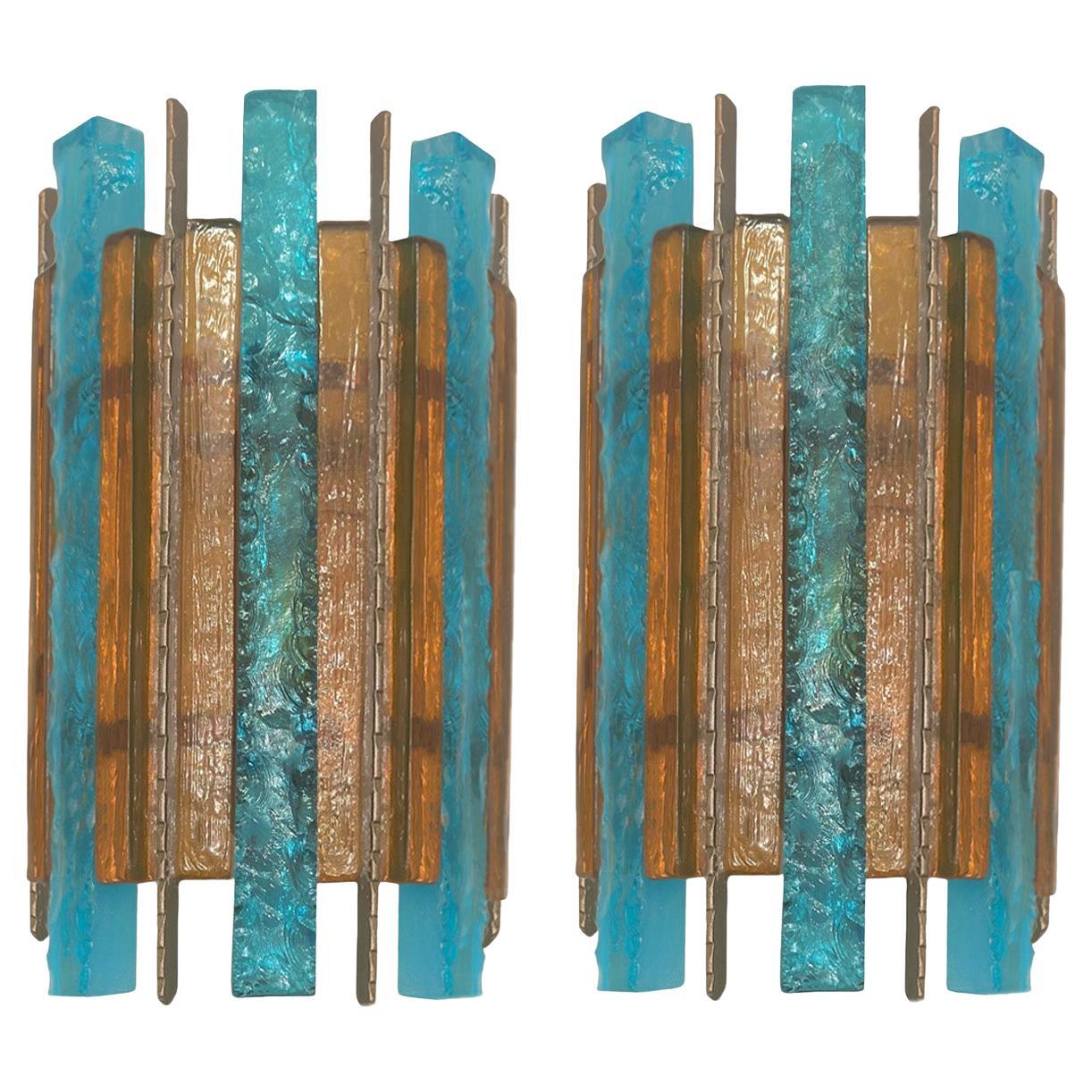 Pair of Longobard Turquoise and Amber Hammered Murano Glass and Iron Sconces