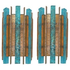 Pair of Longobard Turquoise and Amber Hammered Murano Glass and Iron Sconces