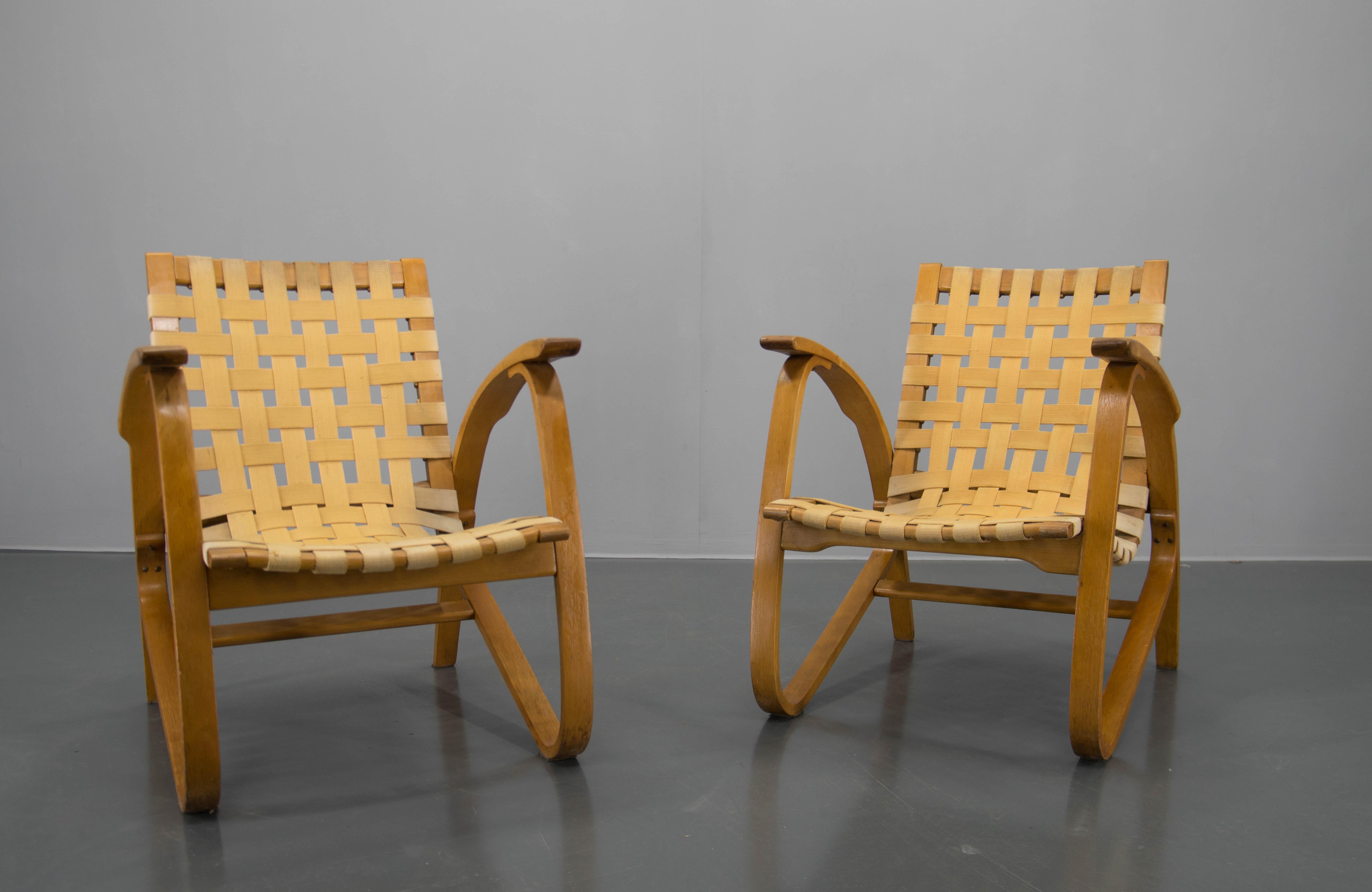Bauhaus Pair of Longue Art Deco Armchairs by Jan Vanek, 1930s