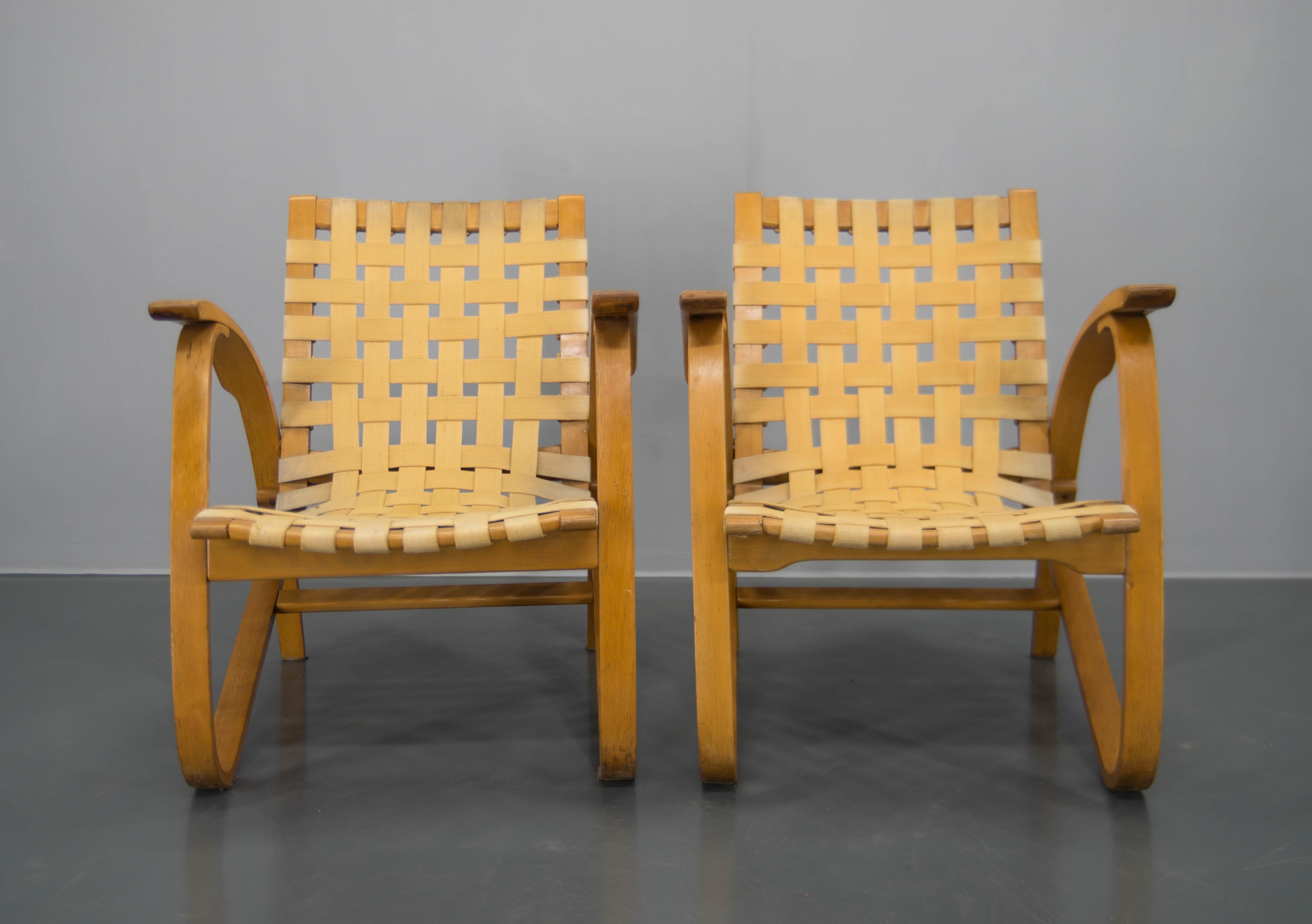 Wool Pair of Longue Art Deco Armchairs by Jan Vanek, 1930s