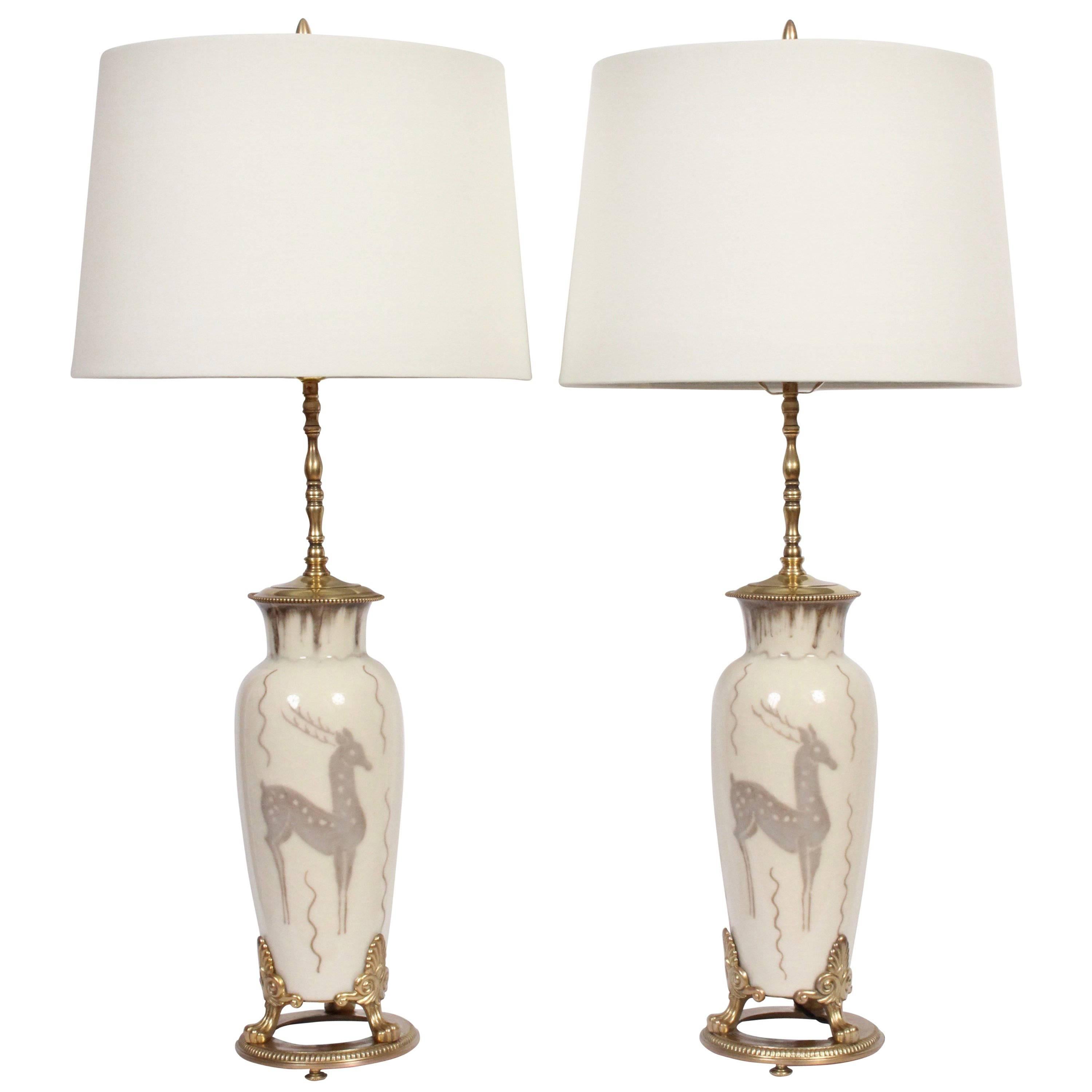 Monumental Pair of Loretta Holtkamp for Rookwood Pottery "Stag" Table Lamps 1949 For Sale