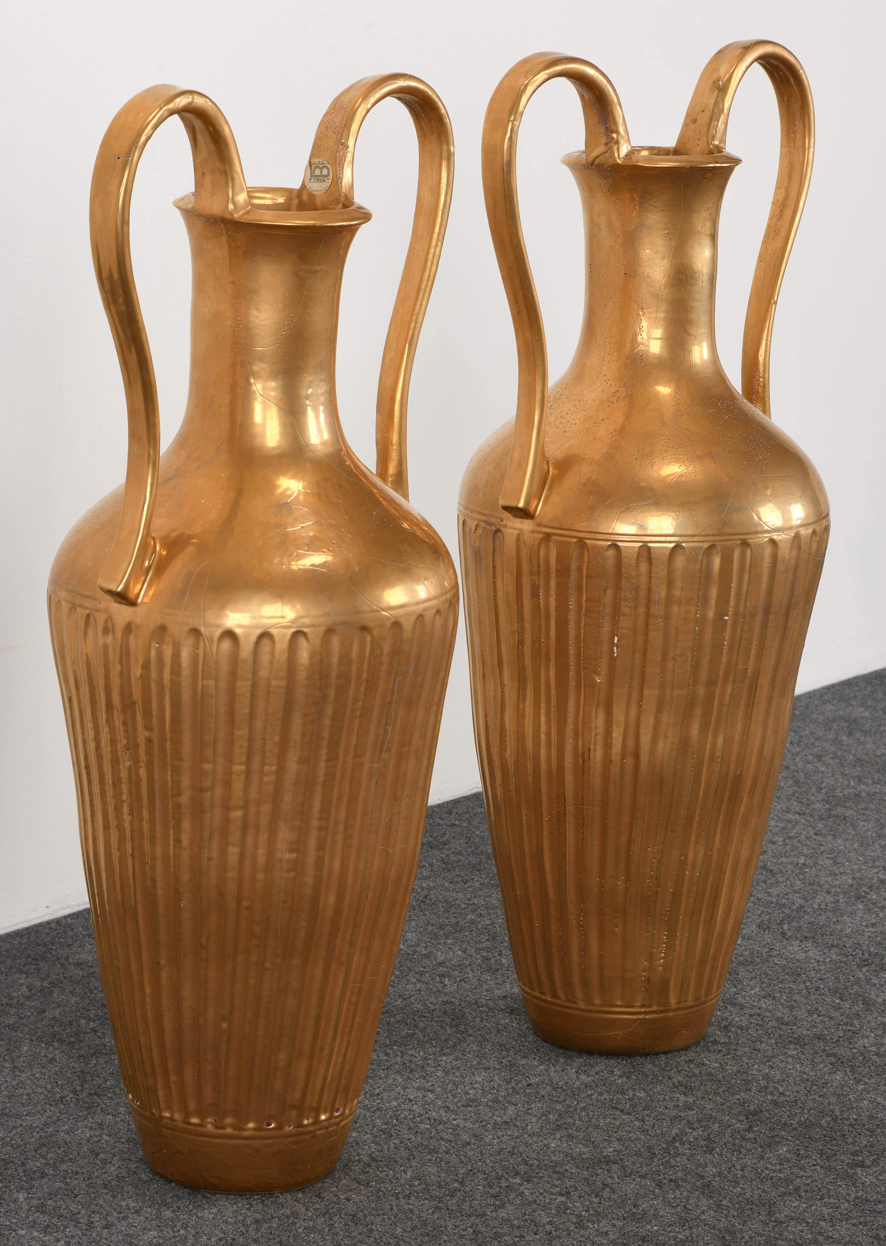 Mid-Century Modern Pair of Lorin Marsh Gilt Etruscan Floor Vases or Urns, 1980s