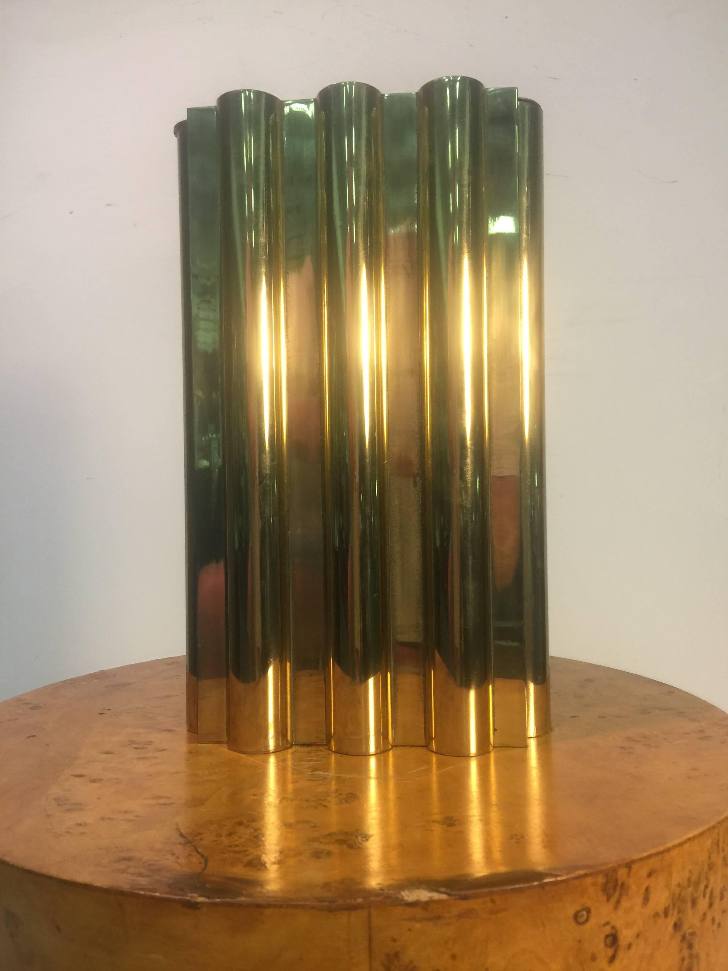 Stunning pair of modern fluted form brass flower vases with removable flower holder designed by Lorin Marsh in the 1970s. Stamped Lorin Marsh.