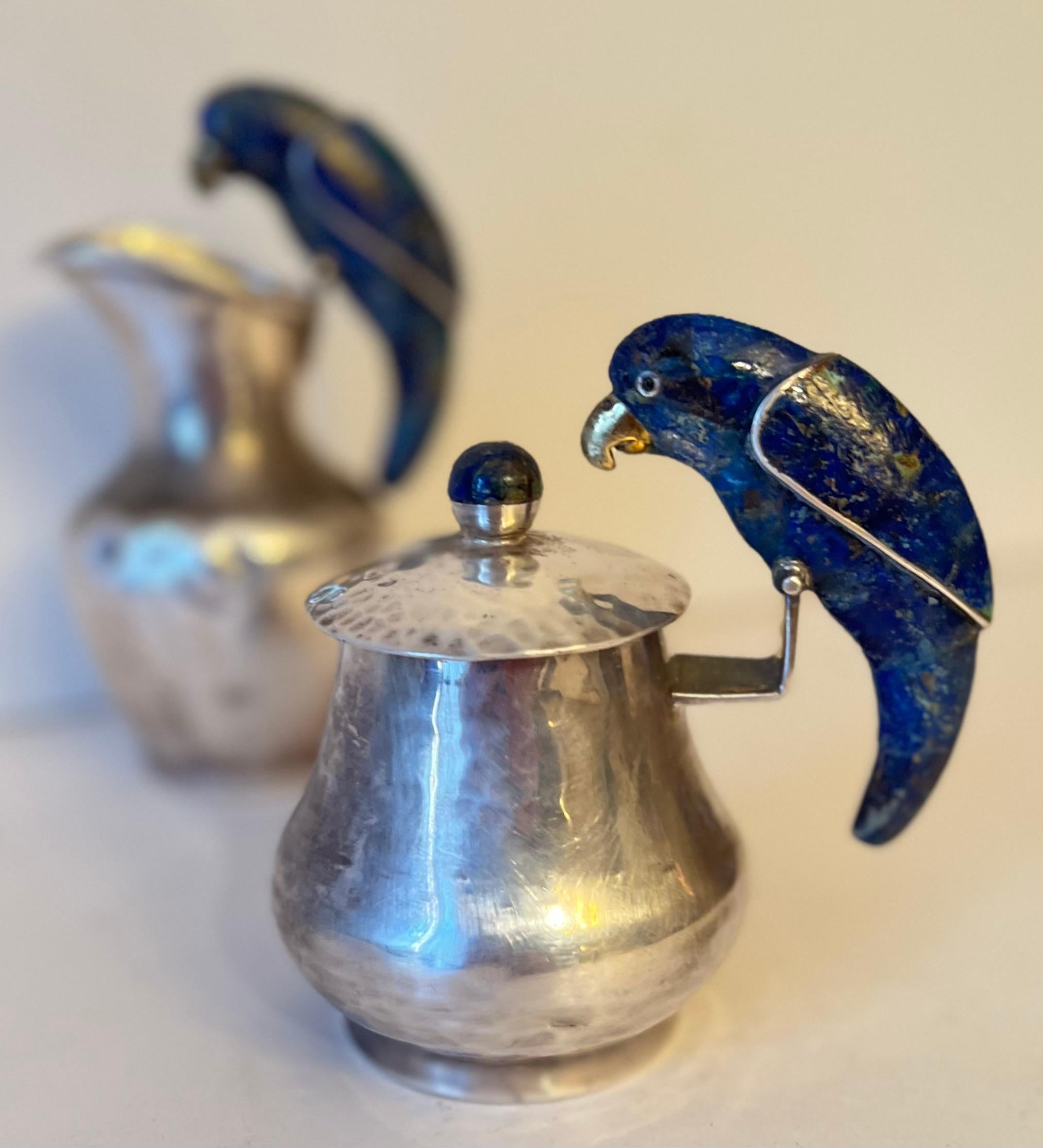 Pair of Los Castillo Signed Mexican Sterling Cream and Sugar with Lapis Birds For Sale 4