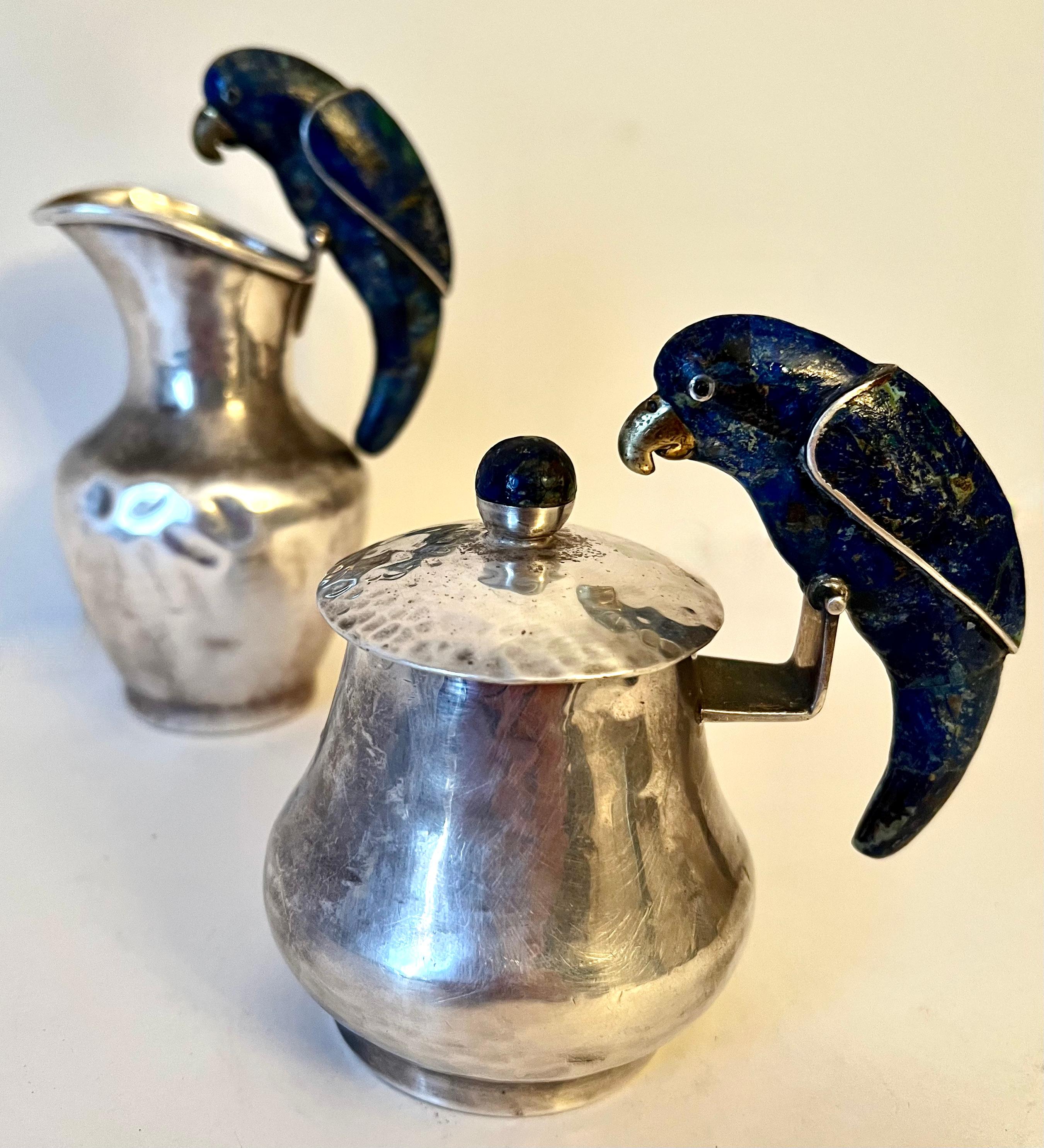 Pair of Los Castillo Signed Mexican Sterling Cream and Sugar with Lapis Birds For Sale 5