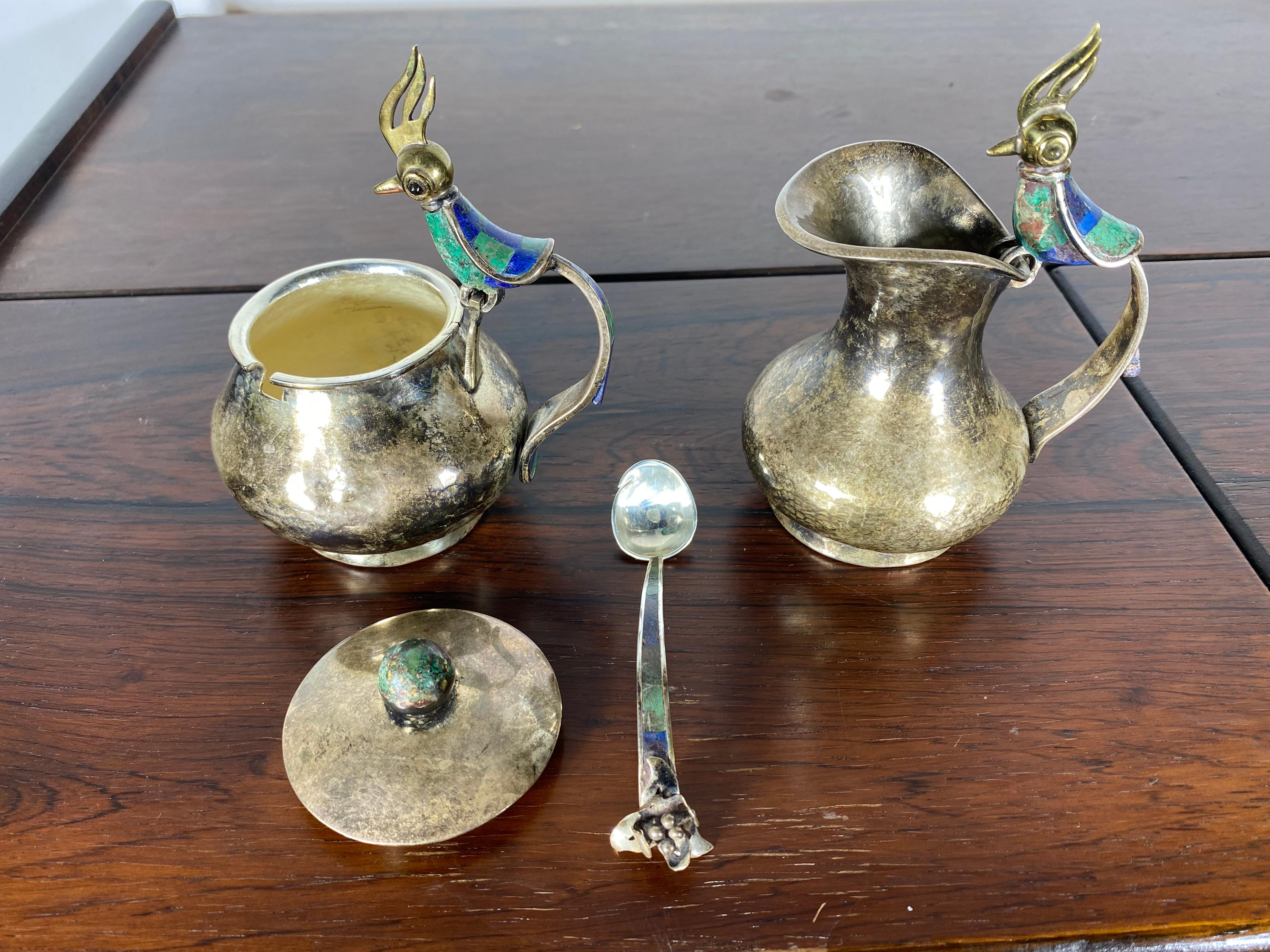 Mid-Century Modern Pair of Los Castillo Signed Mexican Sterling Cream and Sugar with Lapis Birds For Sale