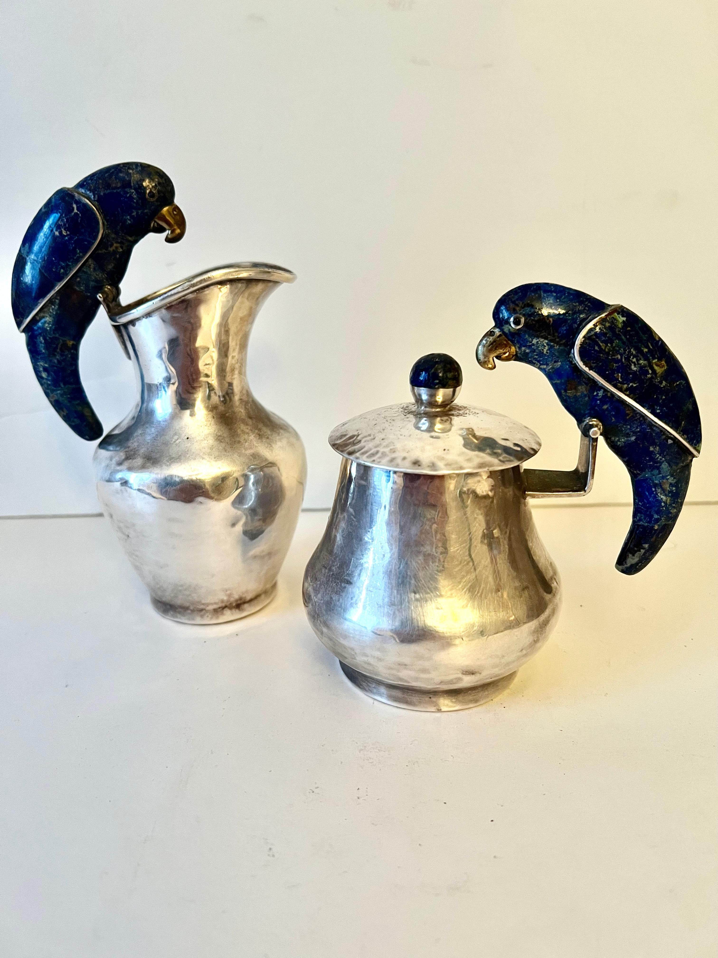 20th Century Pair of Los Castillo Signed Mexican Sterling Cream and Sugar with Lapis Birds For Sale