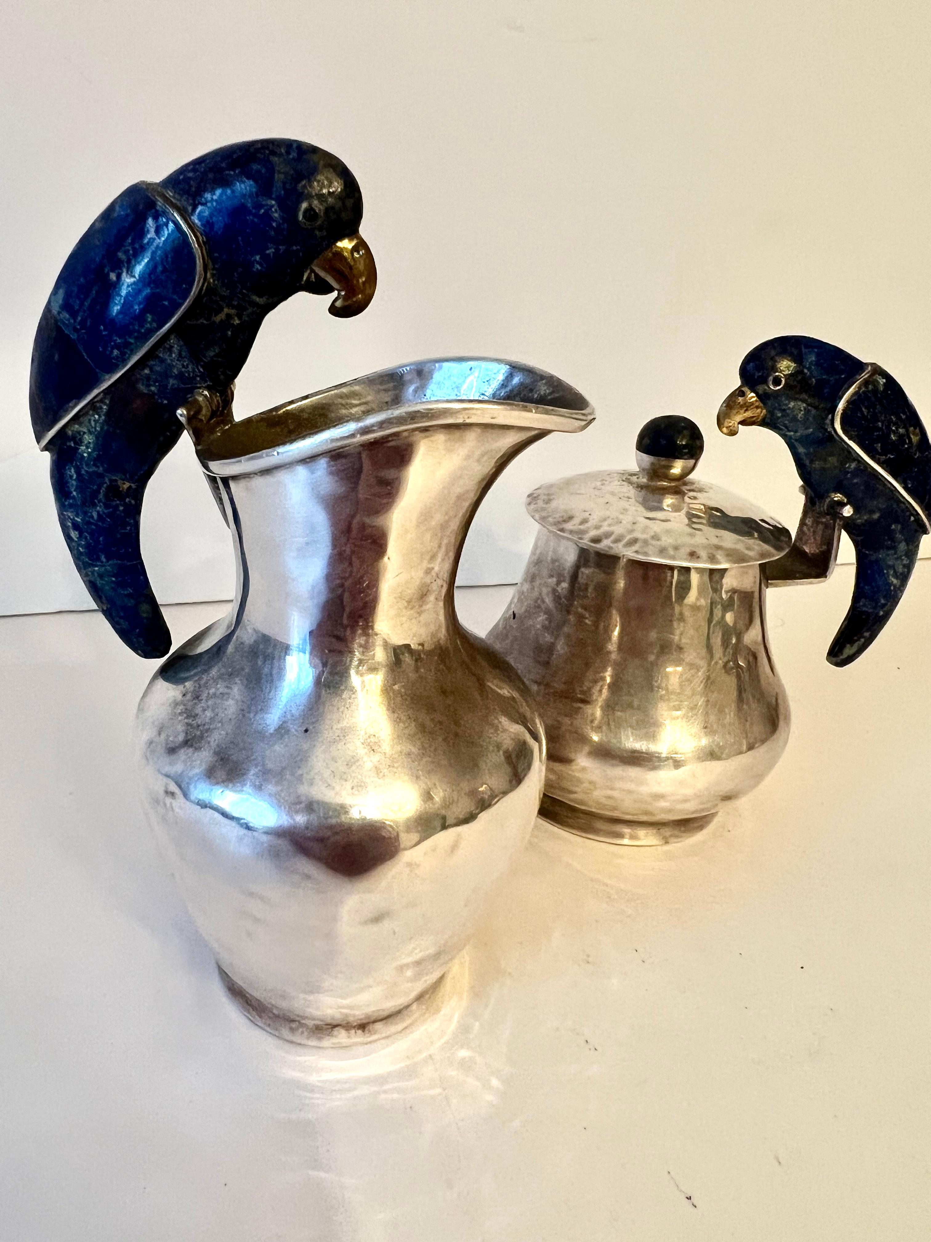 Pair of Los Castillo Signed Mexican Sterling Cream and Sugar with Lapis Birds For Sale 1