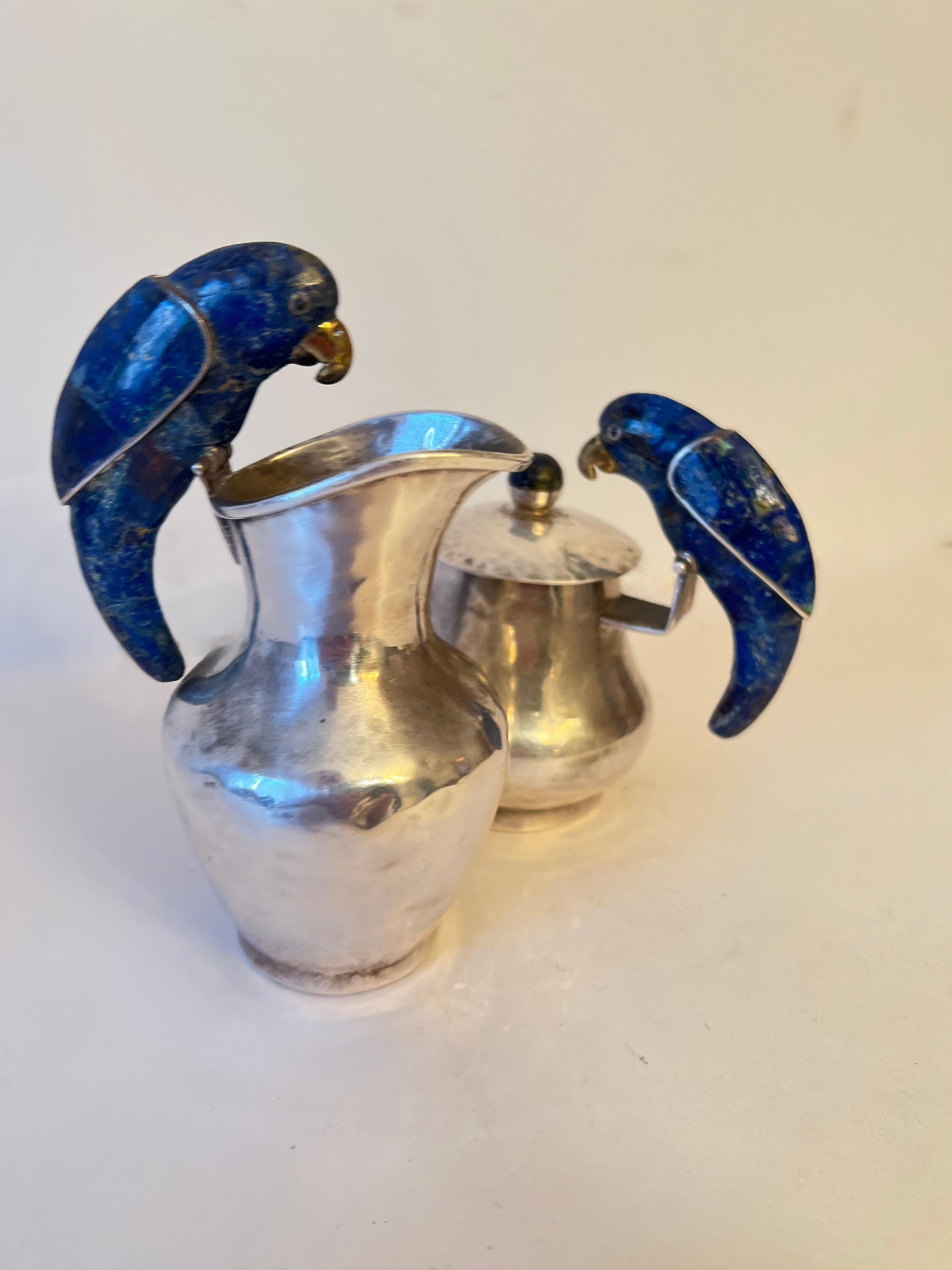 Pair of Los Castillo Signed Mexican Sterling Cream and Sugar with Lapis Birds For Sale 2