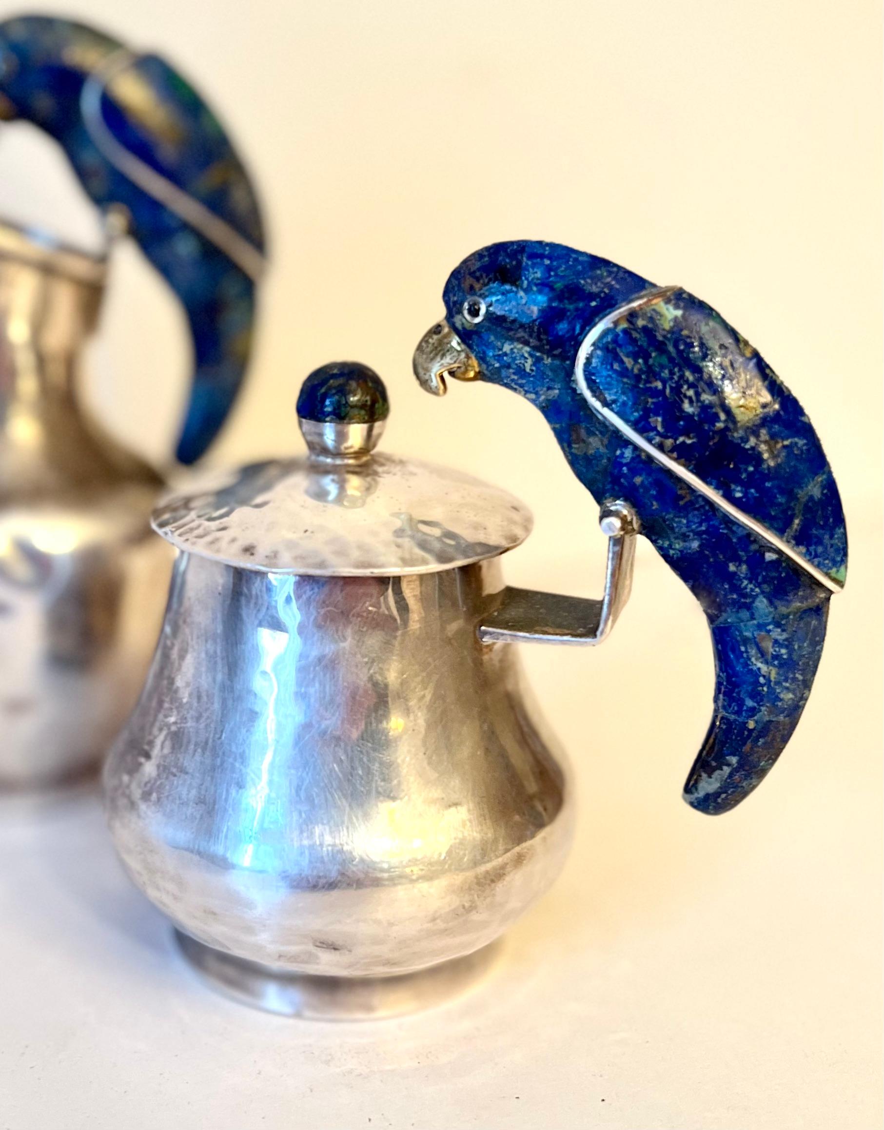 Pair of Los Castillo Signed Mexican Sterling Cream and Sugar with Lapis Birds For Sale 3
