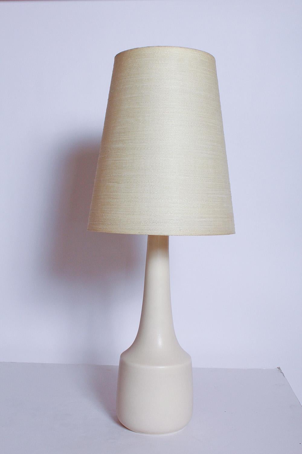 Creamy ceramic table lamps with original fiberglass and bleached jute lampshades by Lotte and Gunnar Bostlund, circa 1970. Please note that this is a matched pair... shades and lamps appear as different colors in the cover photo due to uneven