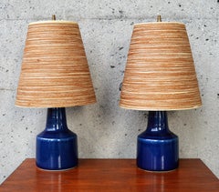 Pair of Lotte Bostlund Cobalt Blue Bedside Lamps with Original Fiberglass Shades