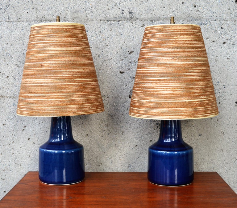 Pair of Lotte Bostlund Cobalt Blue Bedside Lamps with Original Fiberglass Shades at 1stDibs