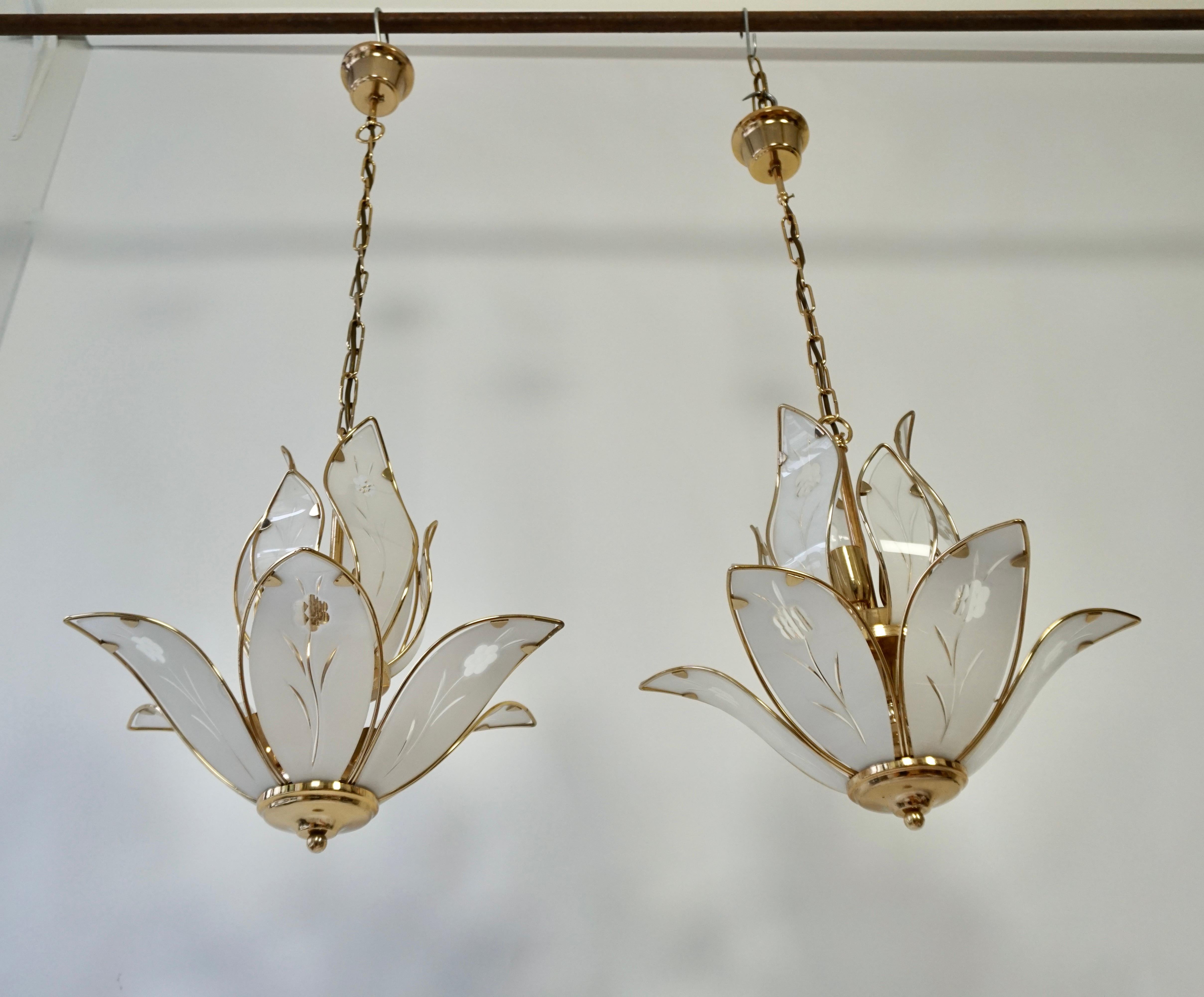 Three Lotus Flower and Brass Glass Chandeliers For Sale 4