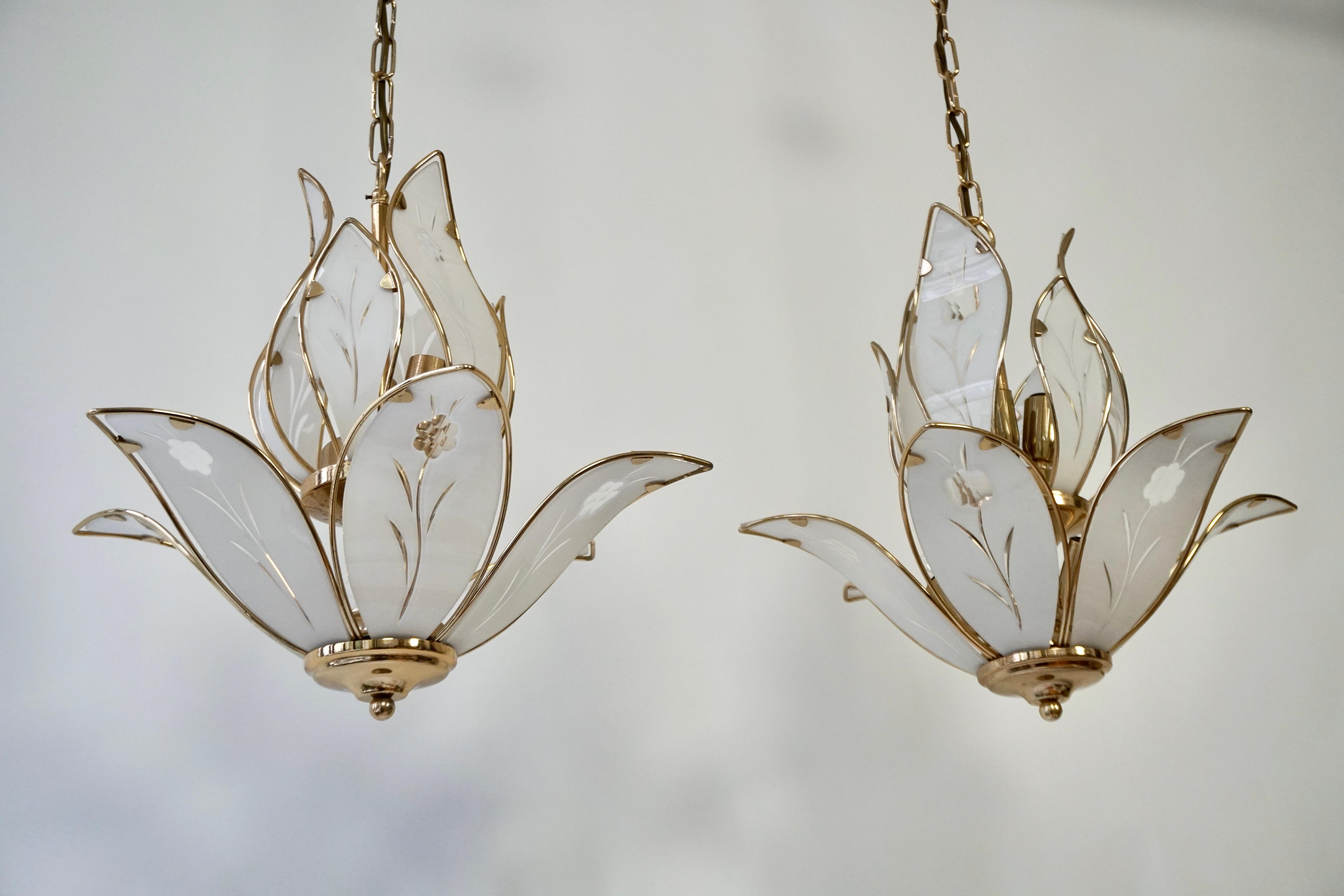 Three Lotus Flower and Brass Glass Chandeliers For Sale 5