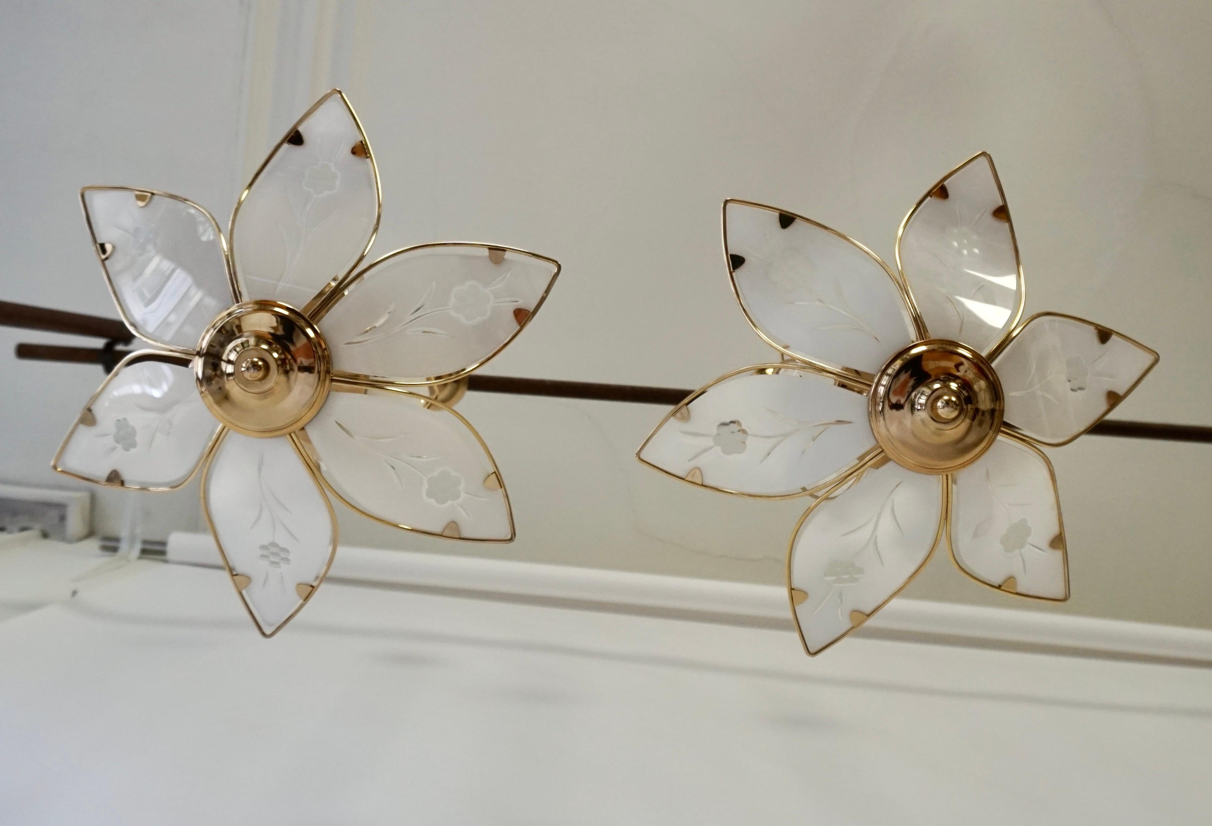 Three Lotus Flower and Brass Glass Chandeliers For Sale 6
