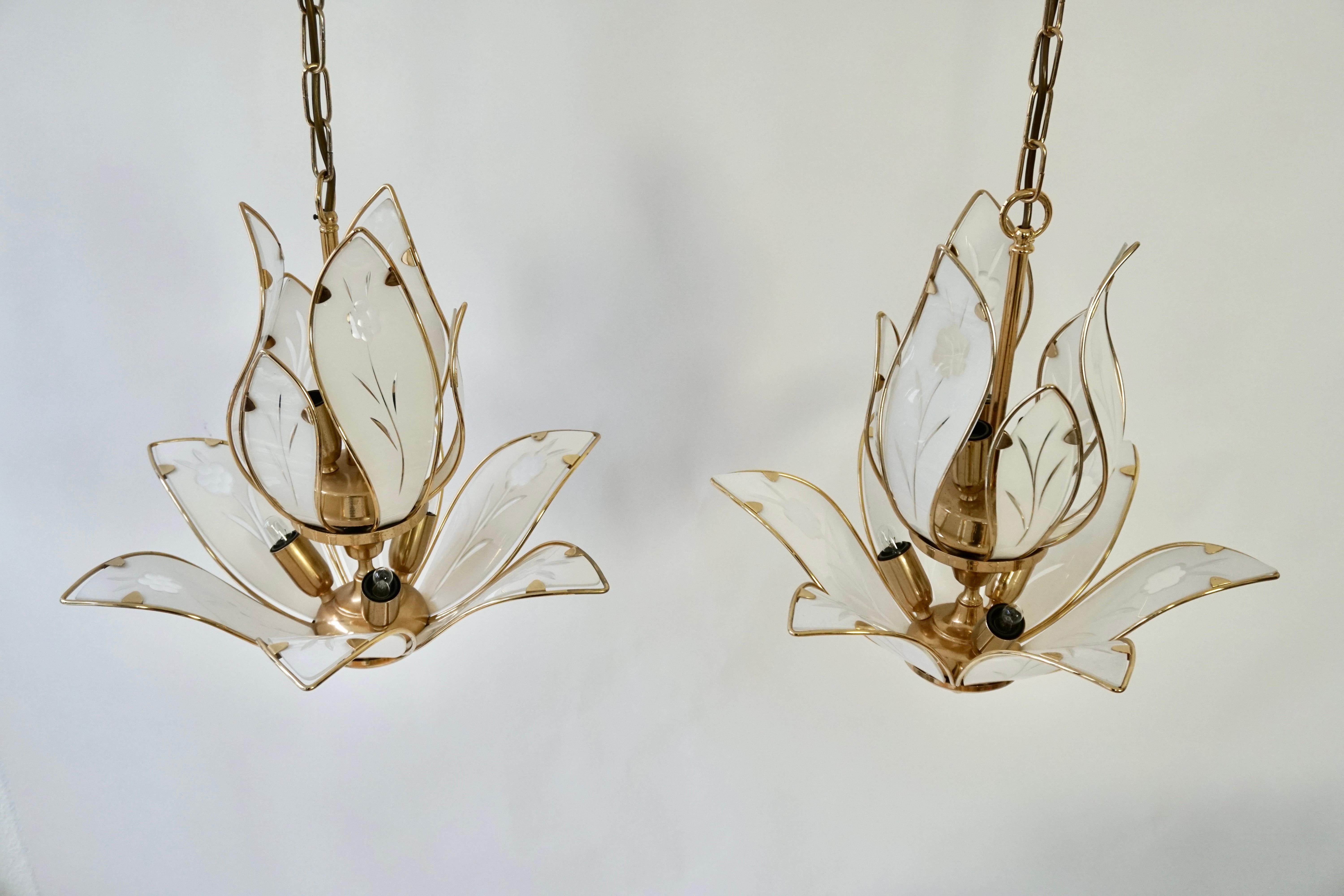 Three Lotus Flower and Brass Glass Chandeliers For Sale 7