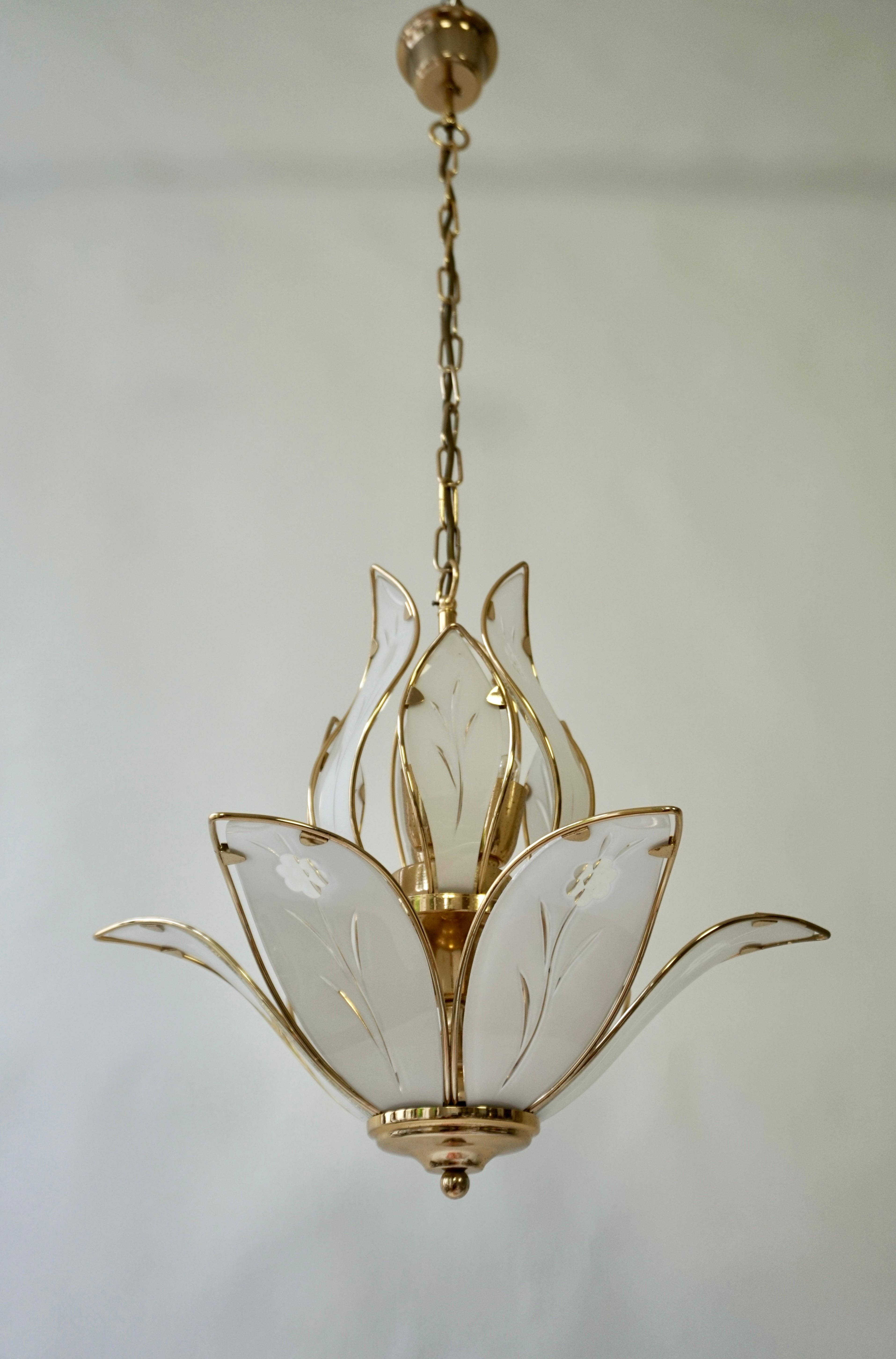 Three Elegant brass Lotus chandelier with white Murano glass leaves in Franco Luce style. 
Italy,1970s.  

Diameter of 18.5