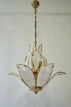 Three Lotus Flower and Brass Glass Chandeliers