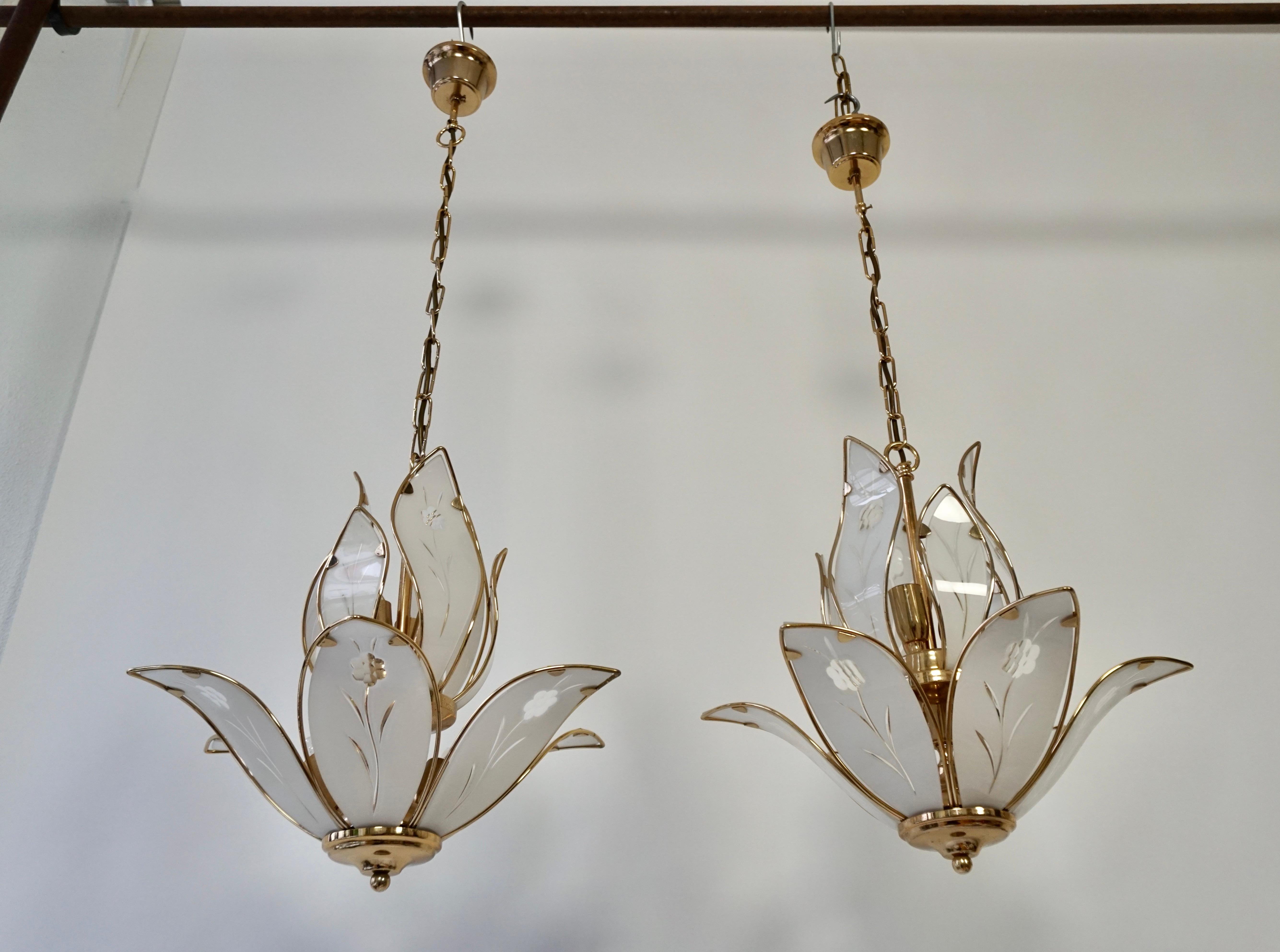 Hollywood Regency Three Lotus Flower and Brass Glass Chandeliers For Sale