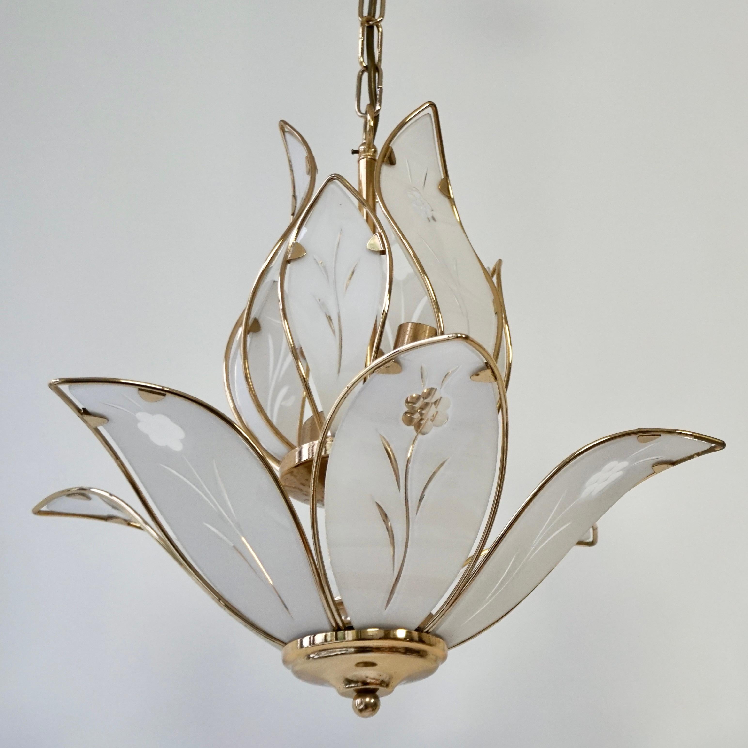 Italian Three Lotus Flower and Brass Glass Chandeliers For Sale
