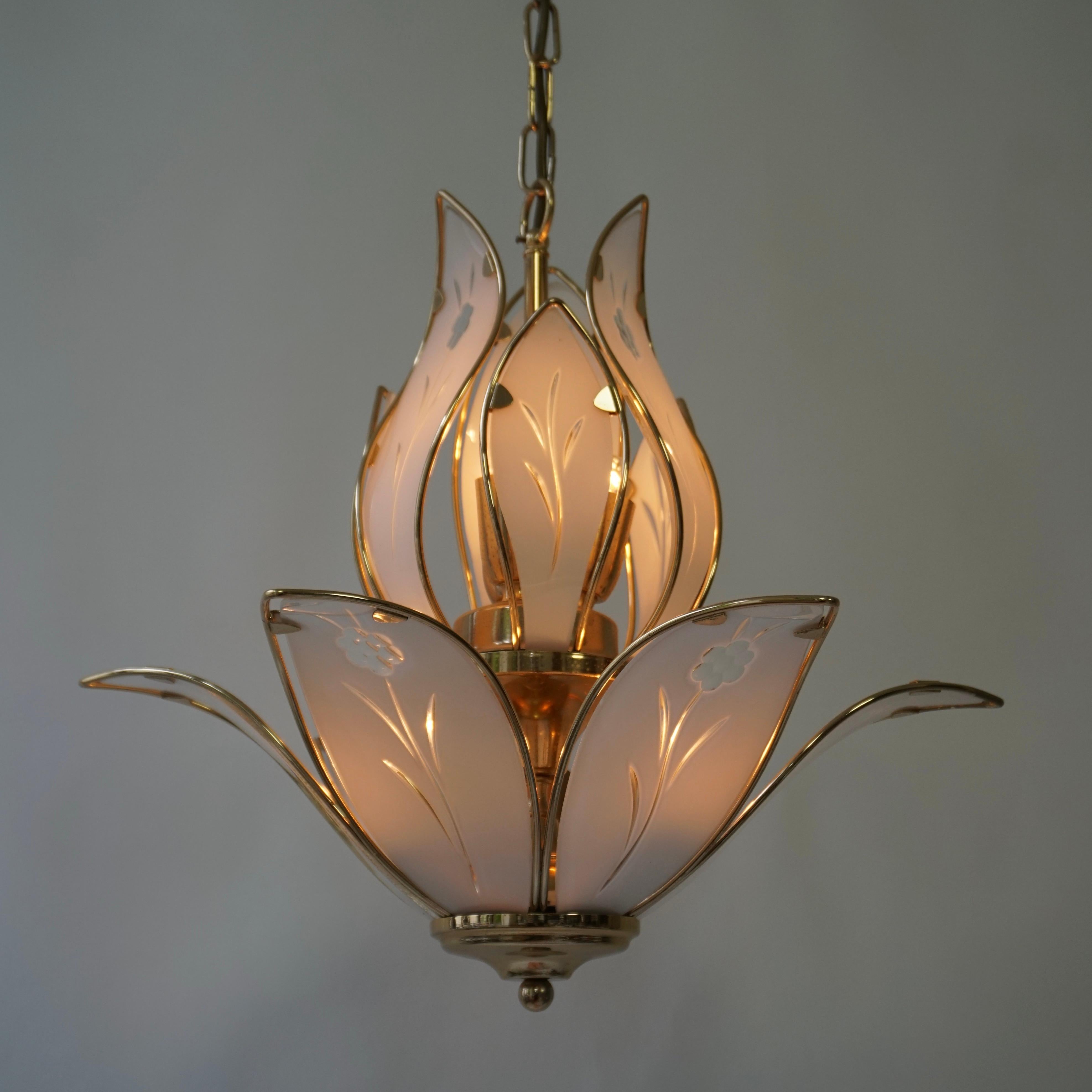 20th Century Three Lotus Flower and Brass Glass Chandeliers For Sale