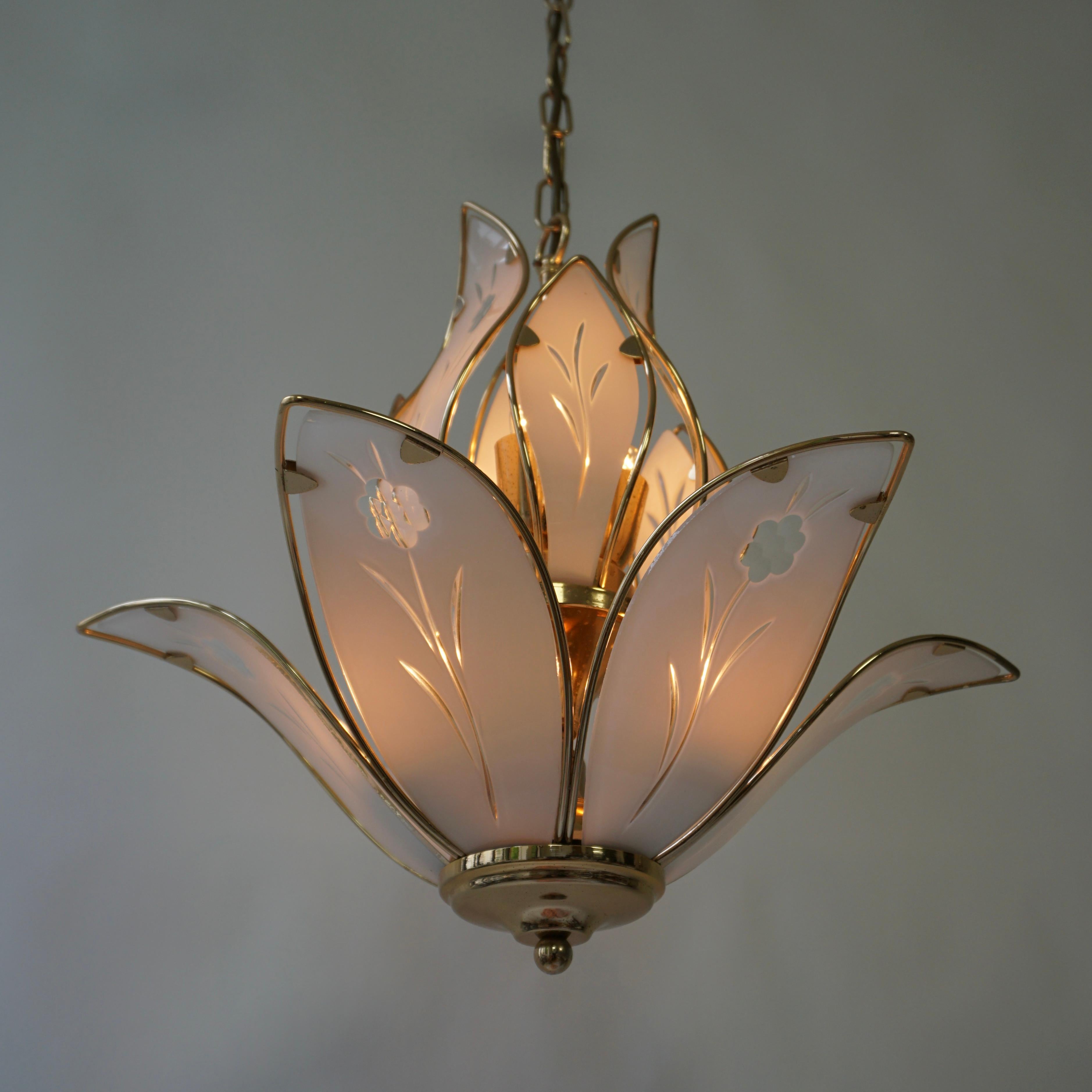 Three Lotus Flower and Brass Glass Chandeliers For Sale 1