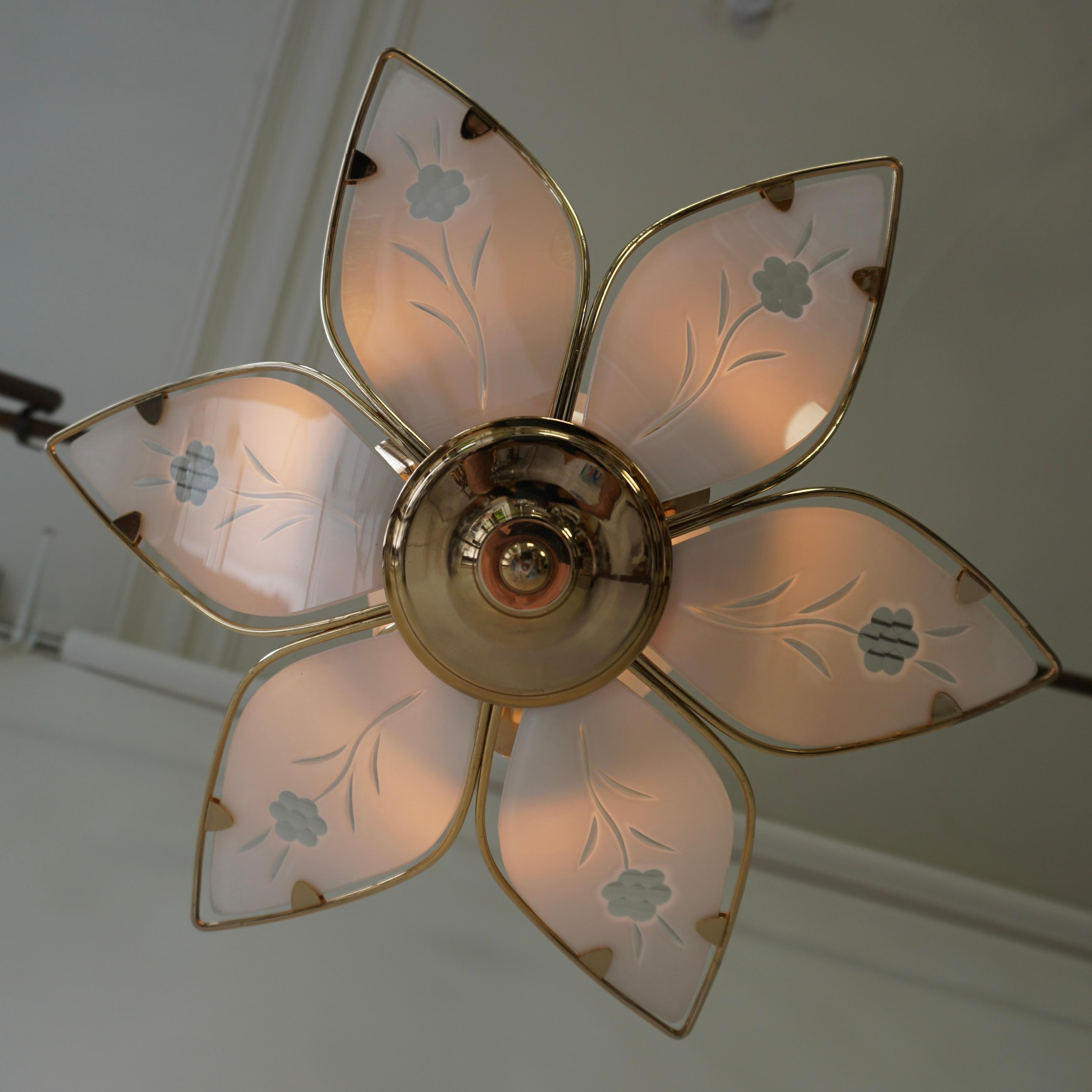 Three Lotus Flower and Brass Glass Chandeliers For Sale 2