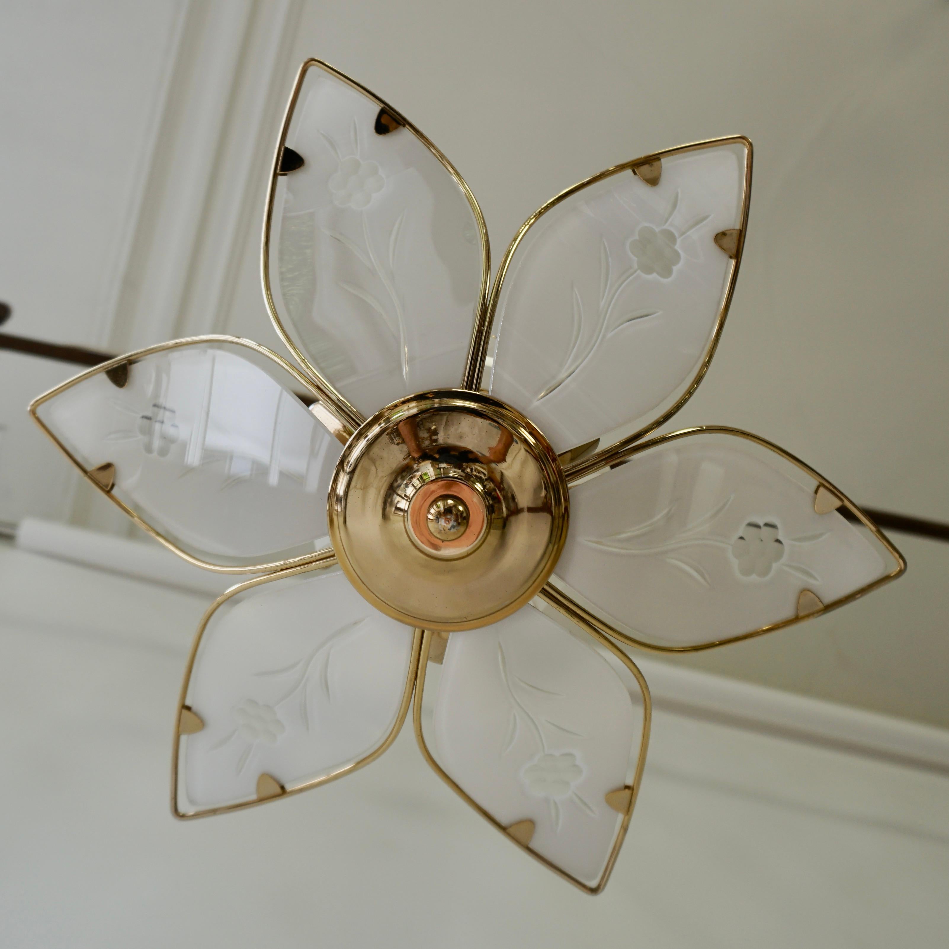 Three Lotus Flower and Brass Glass Chandeliers For Sale 3