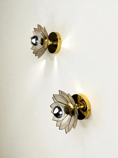 Pair of Lotus Flower Wall Sconces Mother-of-Pearl Petals & Gilt Brass Italy 1970