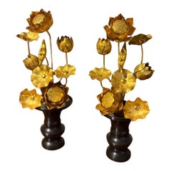 Pair of Lotus Sculptures in Gilded Metal on a Pedestal