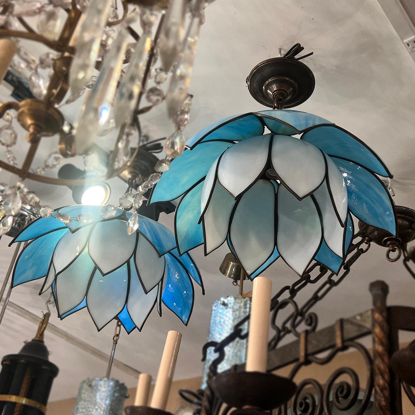 Mid-20th Century Pair of Lotus Shaped Leaded Glass Light Fixtures, Sold Individually For Sale