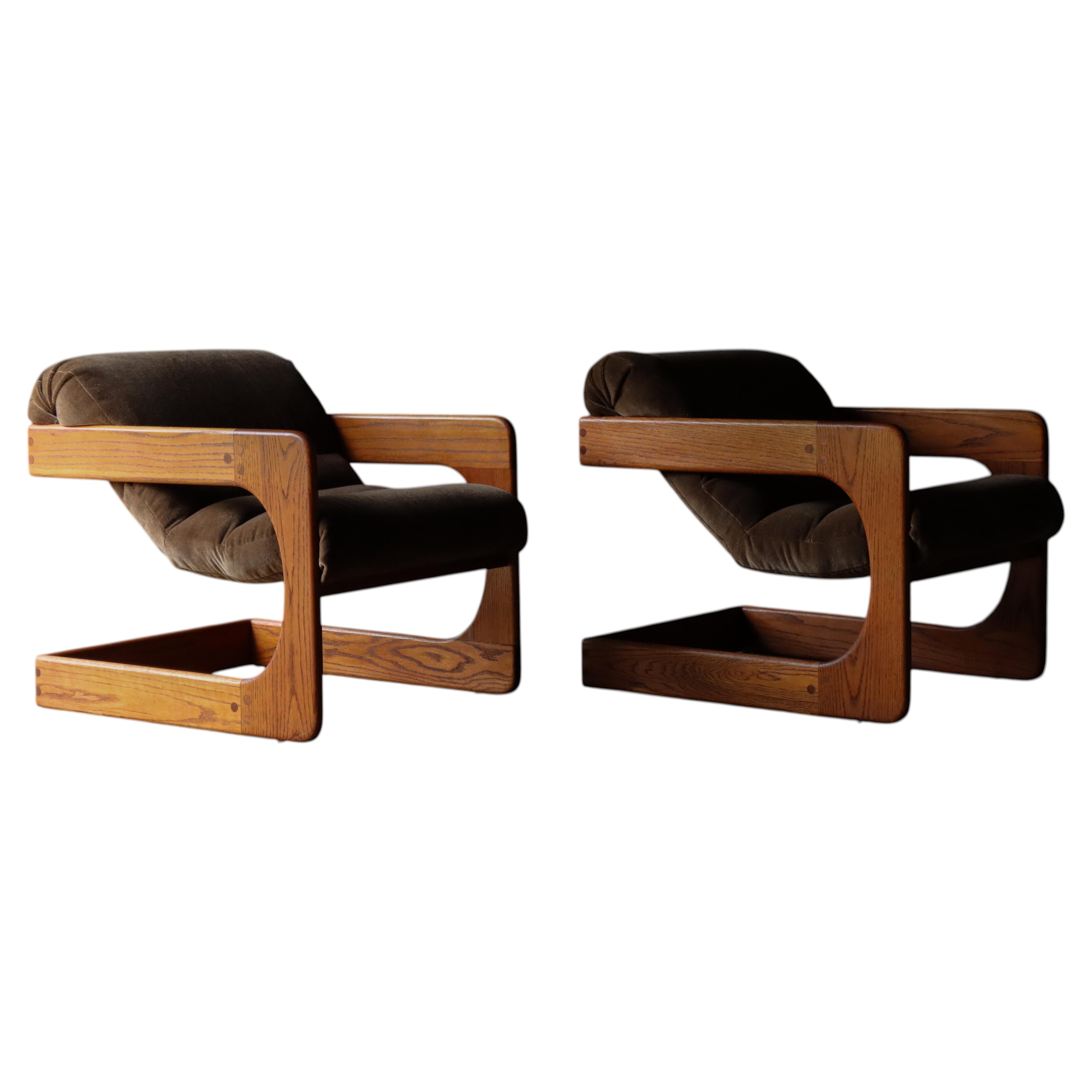 Pair of Lou Hodges Lounge Chairs, Oak, Walnut, 1970s