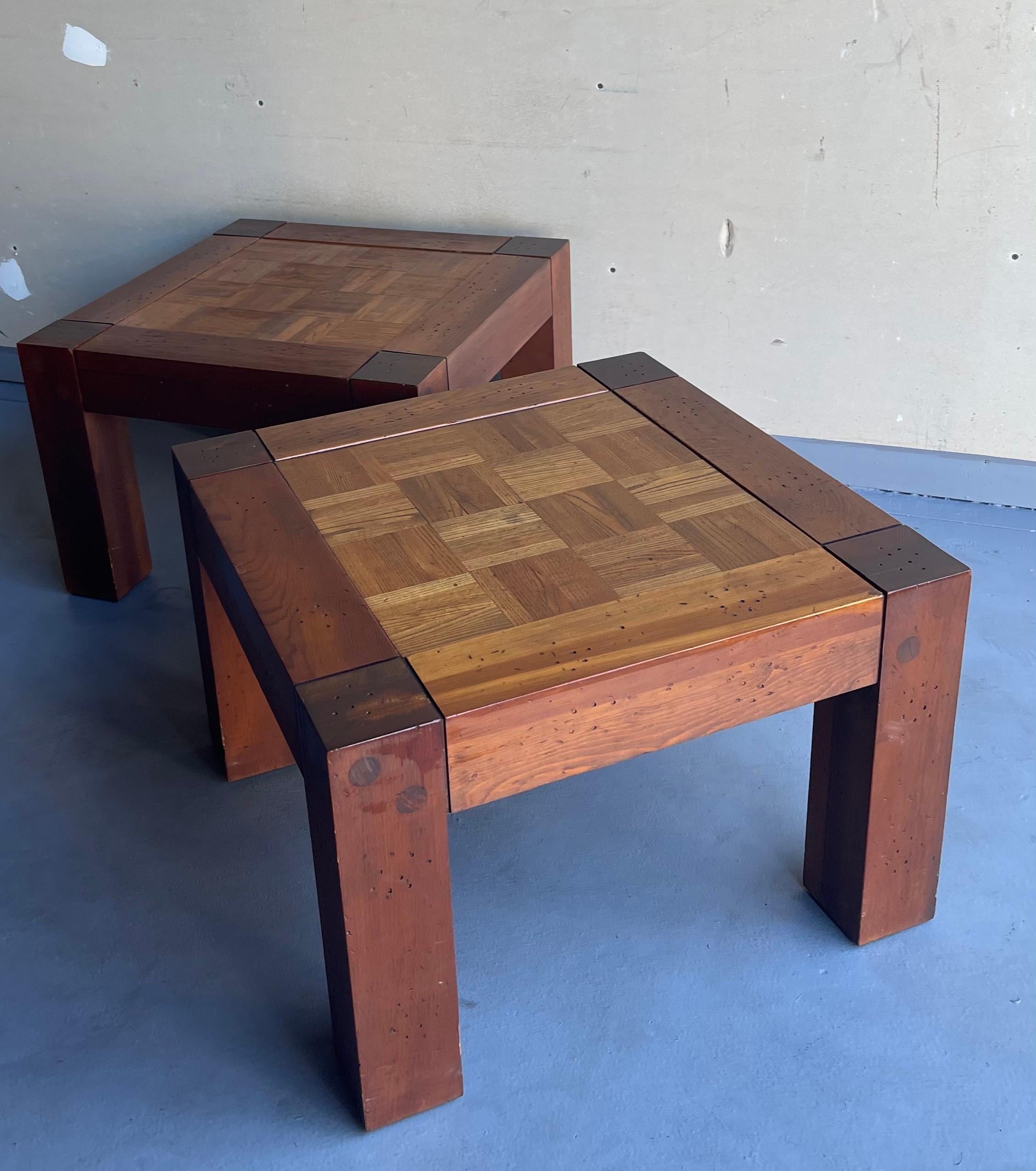 Mid-Century Modern Pair of Lou Hodges Style California Design Walnut and Parquet Oak End Tables For Sale