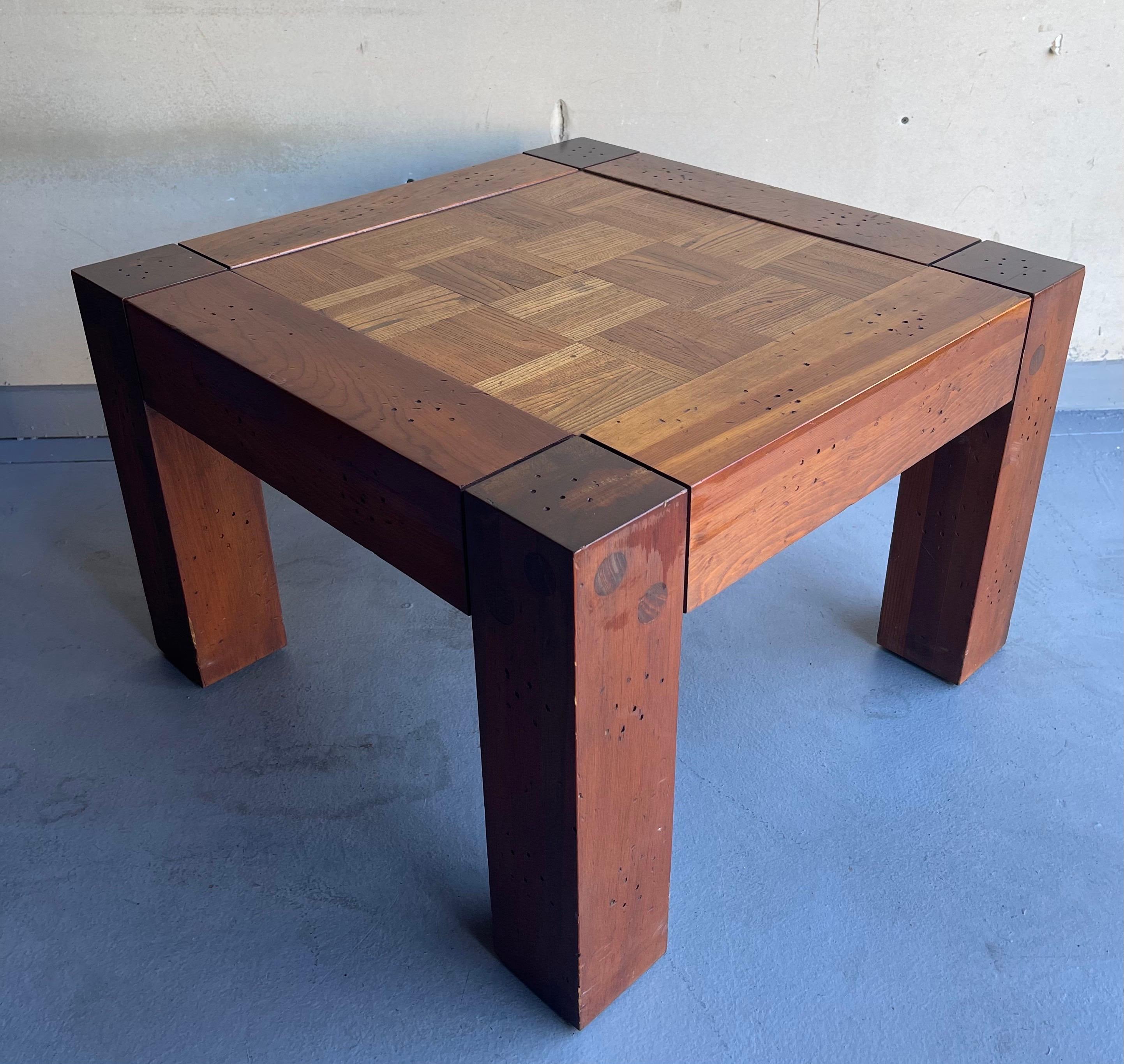 Pair of Lou Hodges Style California Design Walnut and Parquet Oak End Tables In Good Condition For Sale In San Diego, CA