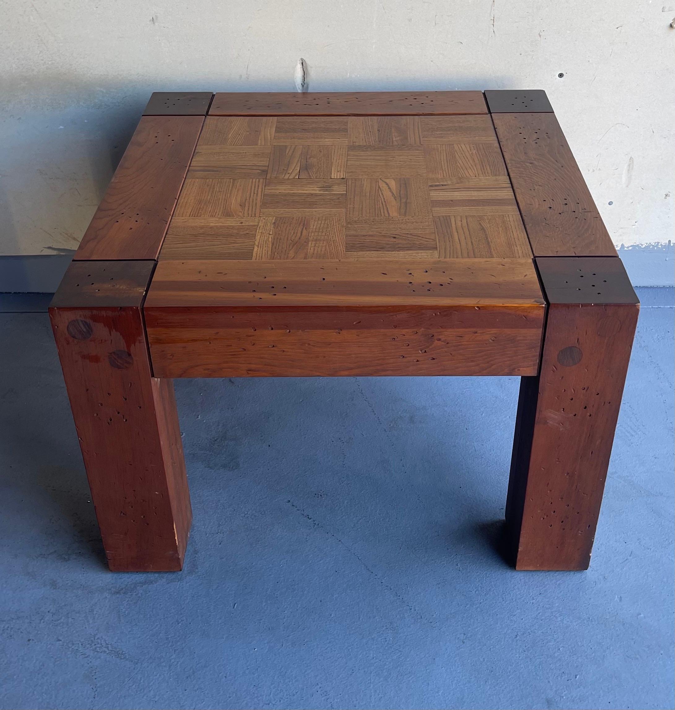 Pair of Lou Hodges Style California Design Walnut and Parquet Oak End Tables For Sale 1