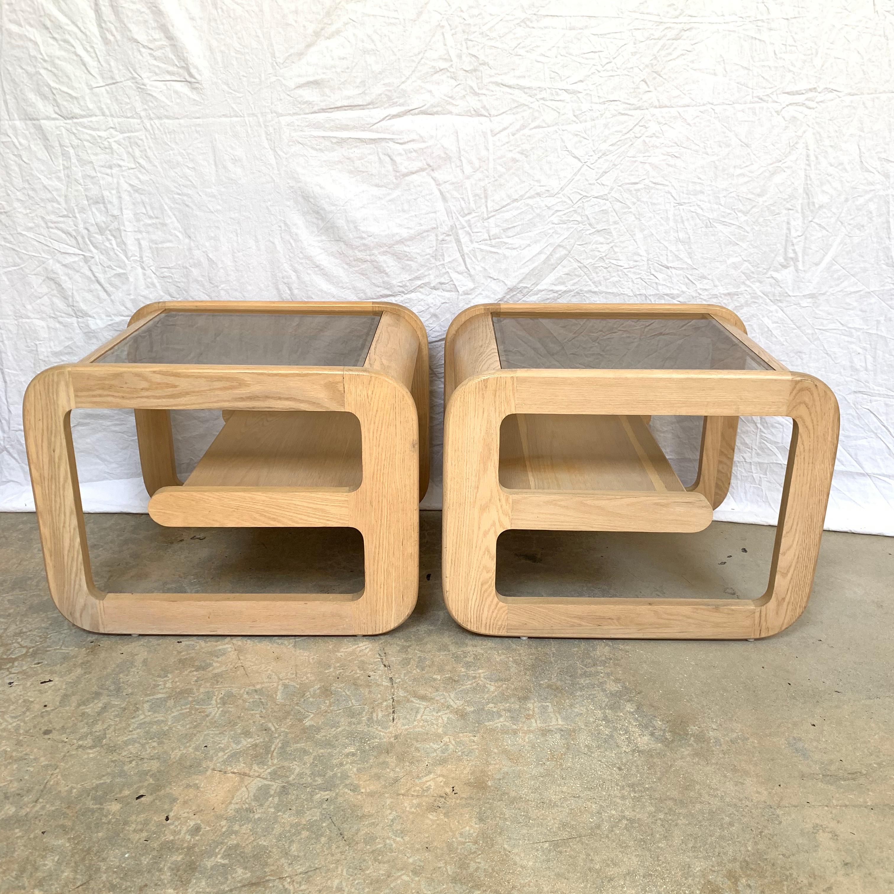 Post Modern Pair of White Oak and Smoked Glass End or Side Tables, USA, 1970s For Sale 4