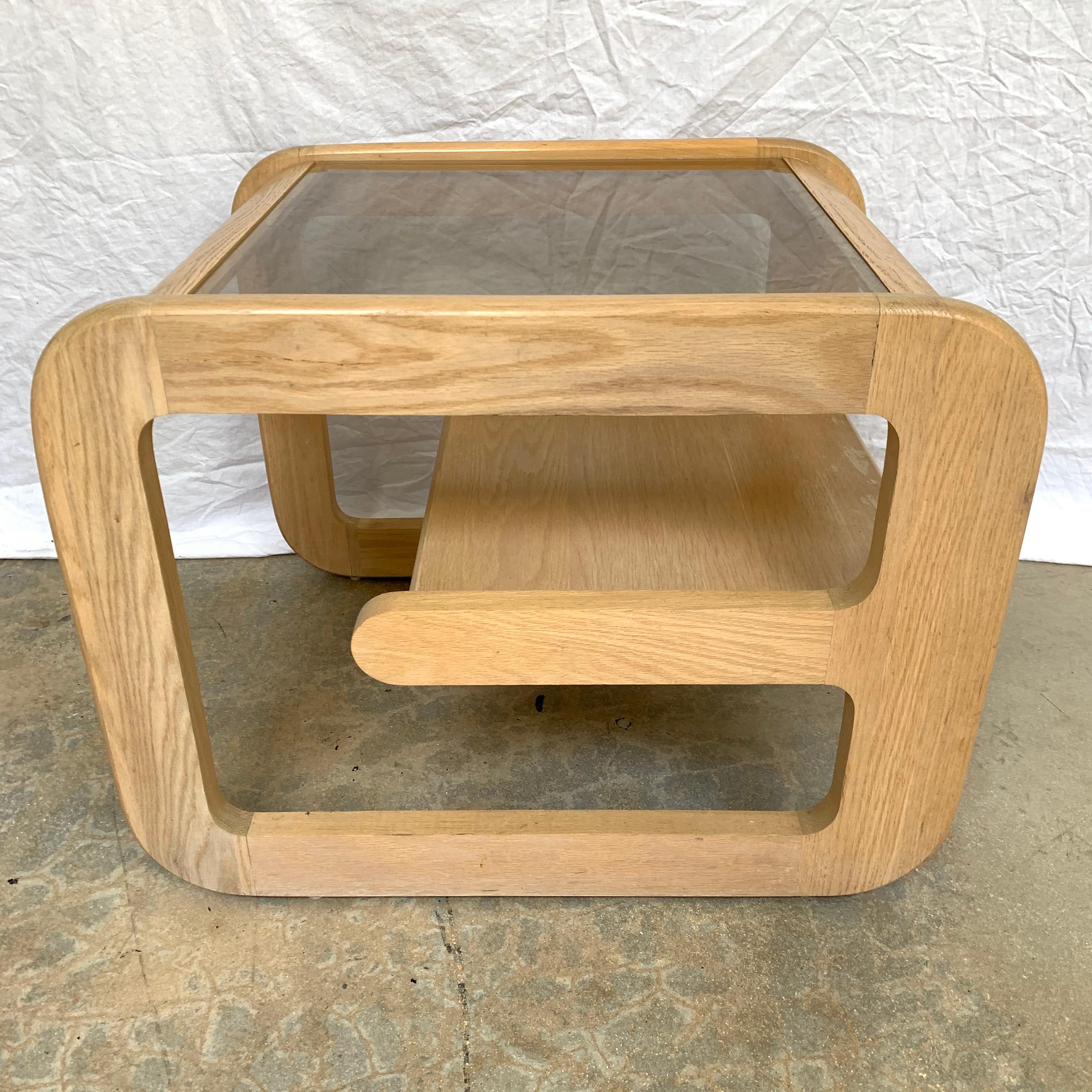 Organic Modern Post Modern Pair of White Oak and Smoked Glass End or Side Tables, USA, 1970s For Sale