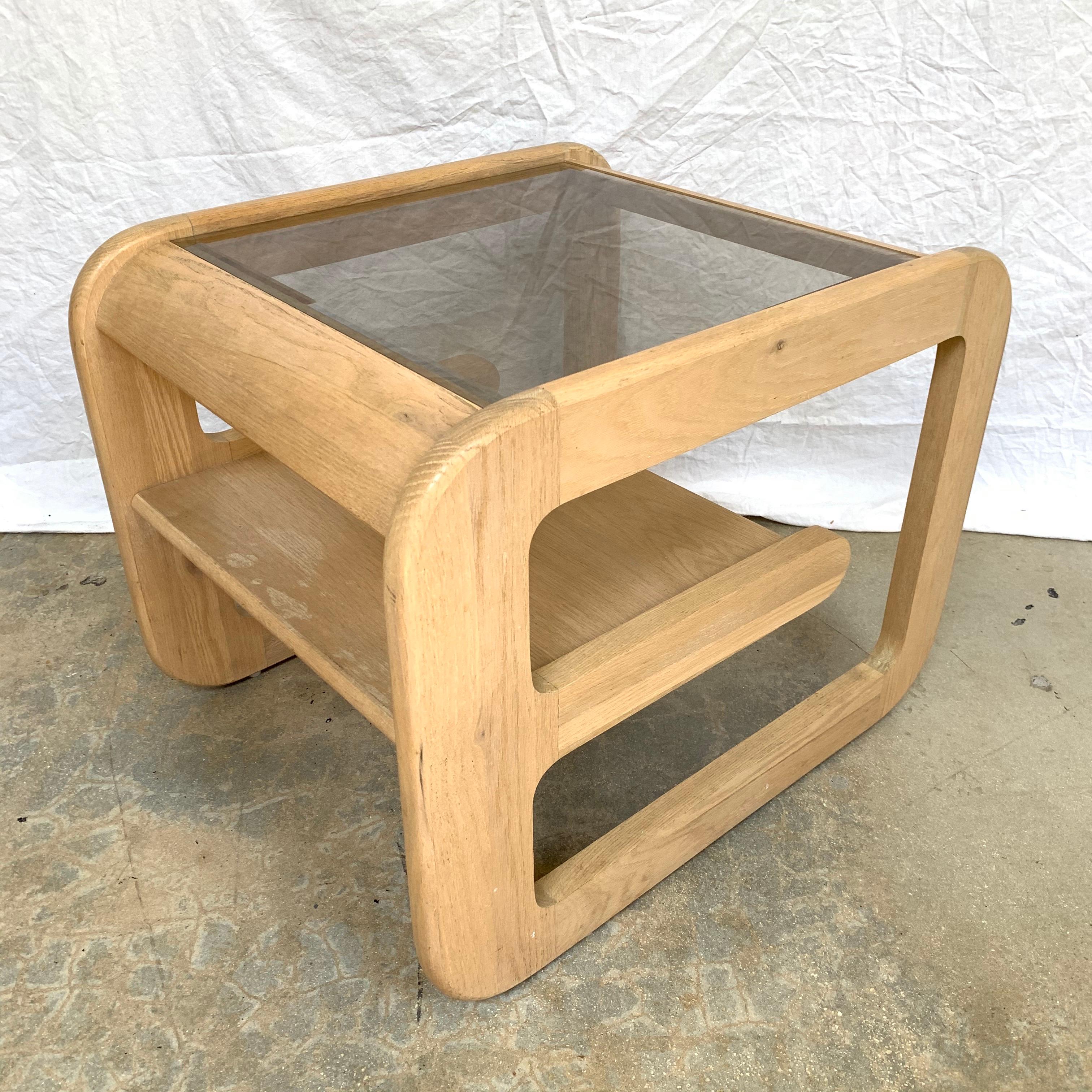 Beveled Post Modern Pair of White Oak and Smoked Glass End or Side Tables, USA, 1970s For Sale