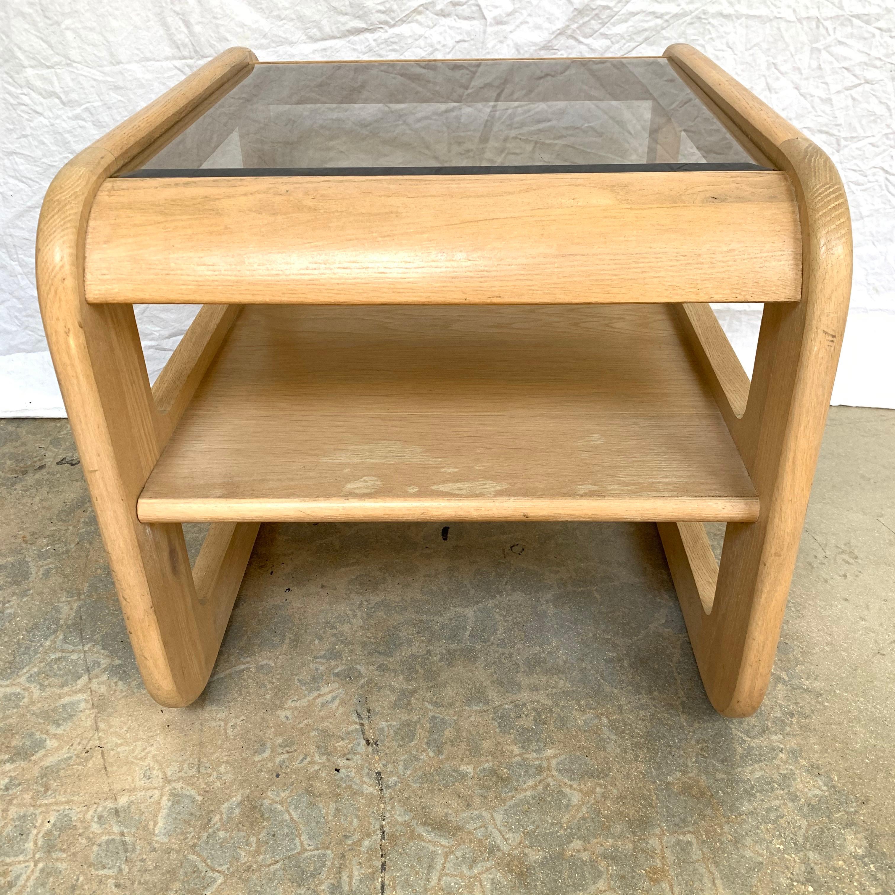 Post Modern Pair of White Oak and Smoked Glass End or Side Tables, USA, 1970s In Good Condition For Sale In Miami, FL